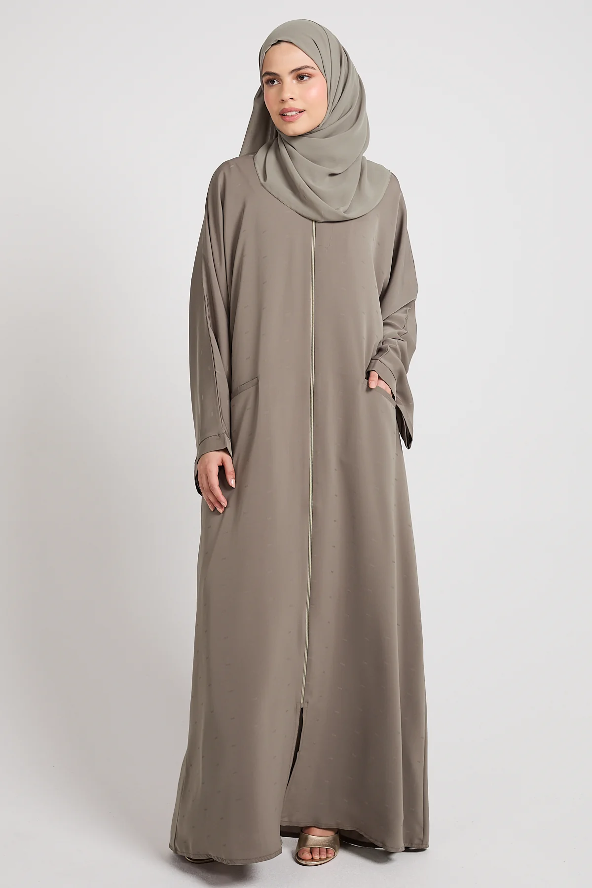 Premium Semi-Closed Abaya with Zip and Pockets – Olive Taupe - Image 8