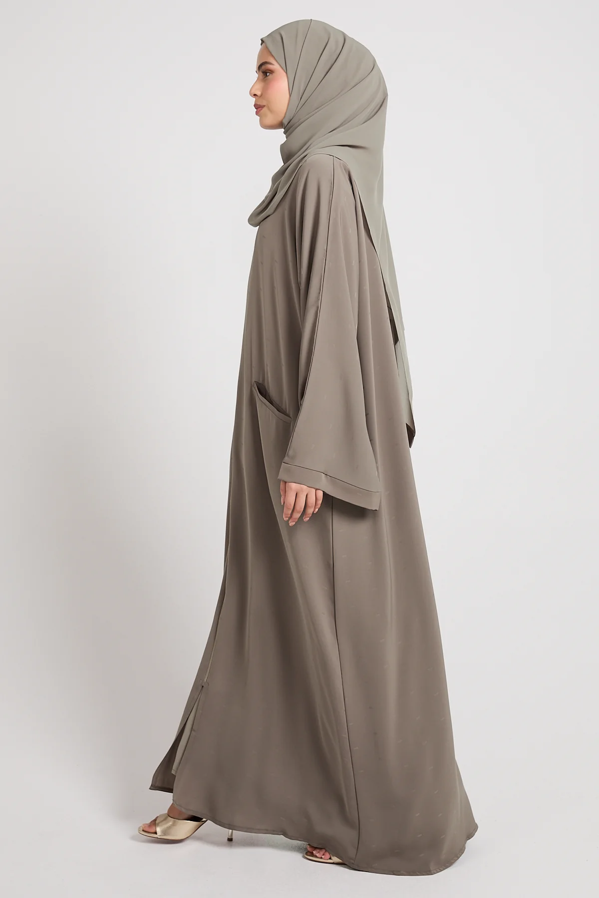 Premium Semi-Closed Abaya with Zip and Pockets – Olive Taupe - Image 9