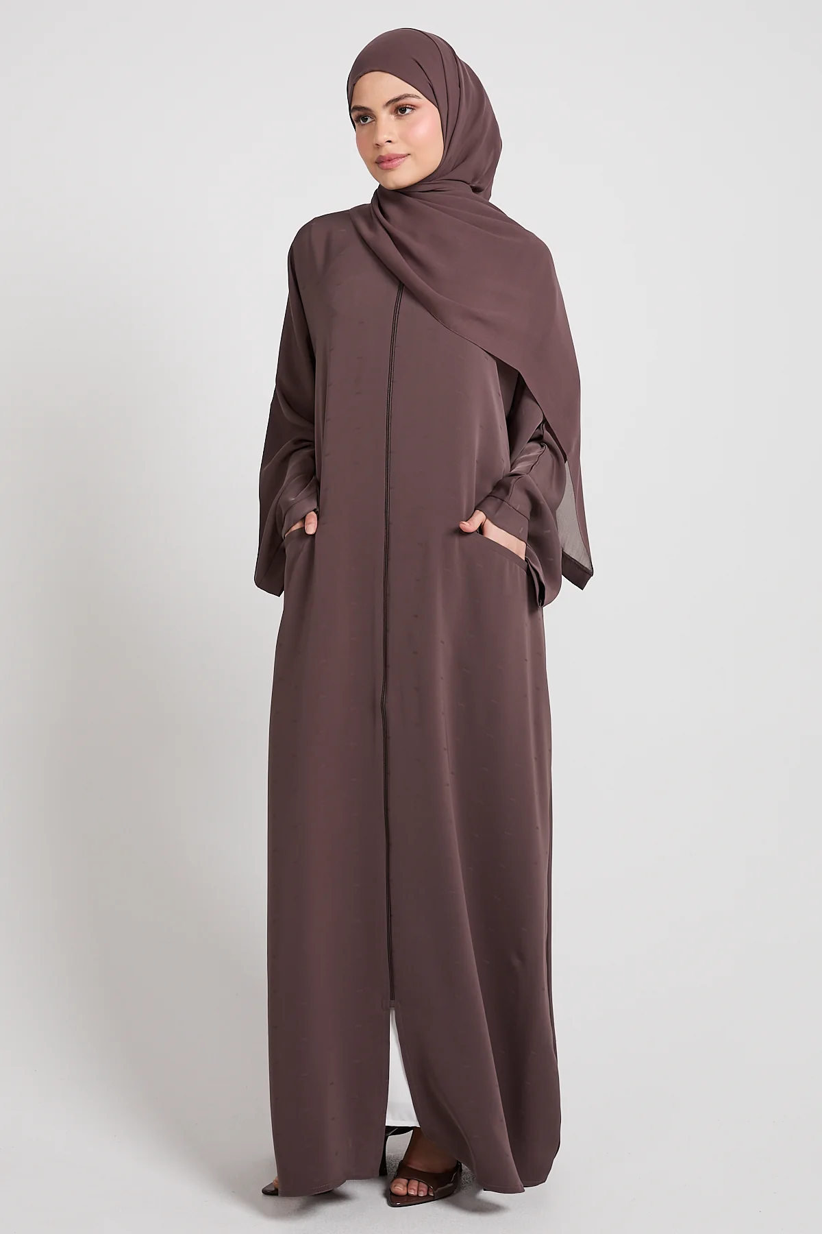 Premium Semi-Closed Abaya with Zip and Pockets – Plum Truffle - Image 10