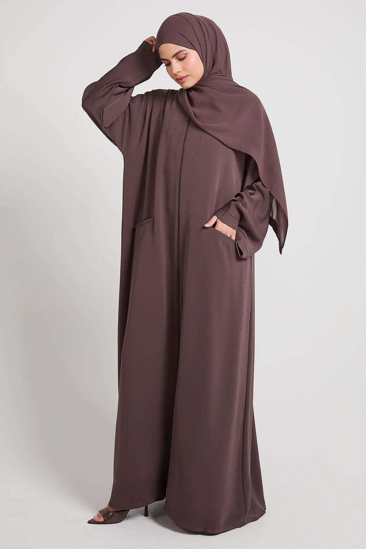 Premium Semi-Closed Abaya with Zip and Pockets – Plum Truffle - Image 3