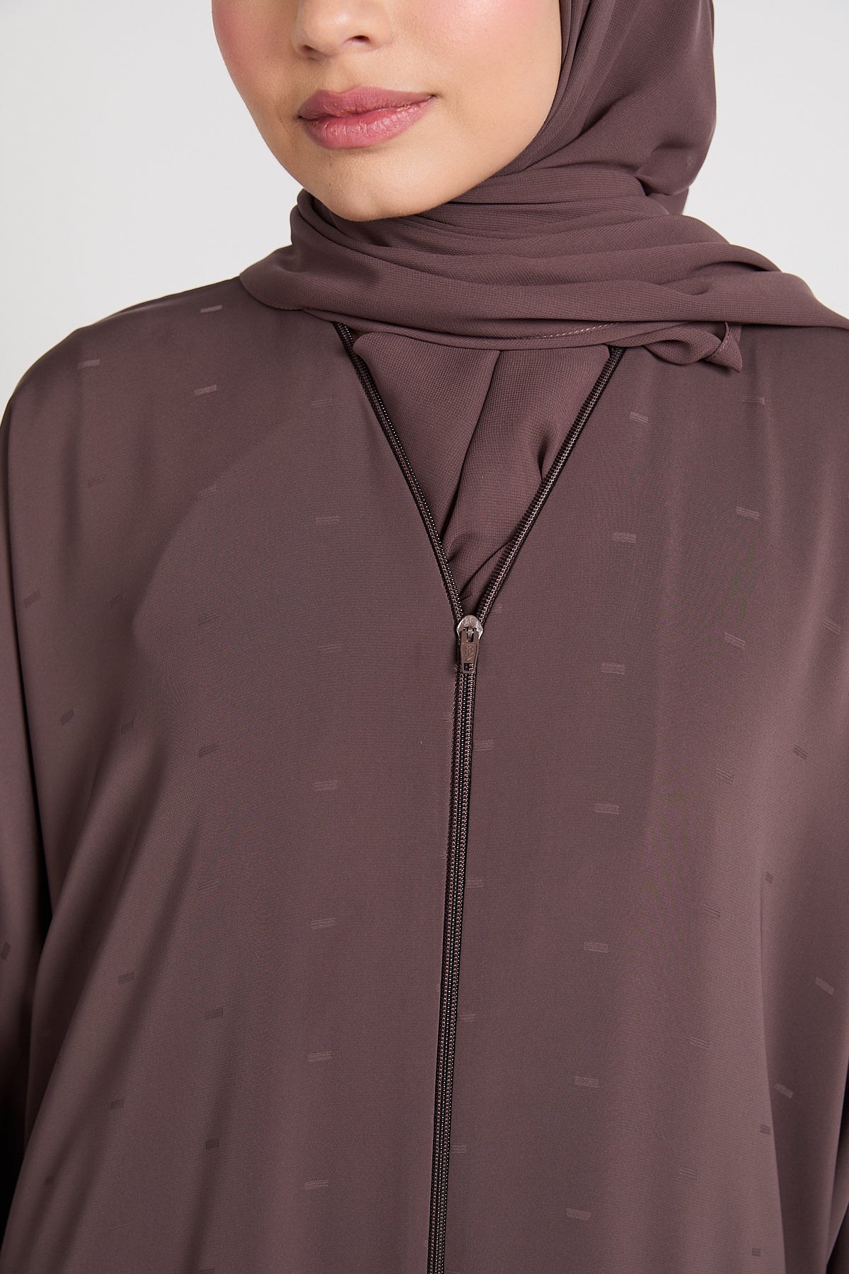Premium Semi-Closed Abaya with Zip and Pockets – Plum Truffle - Image 4
