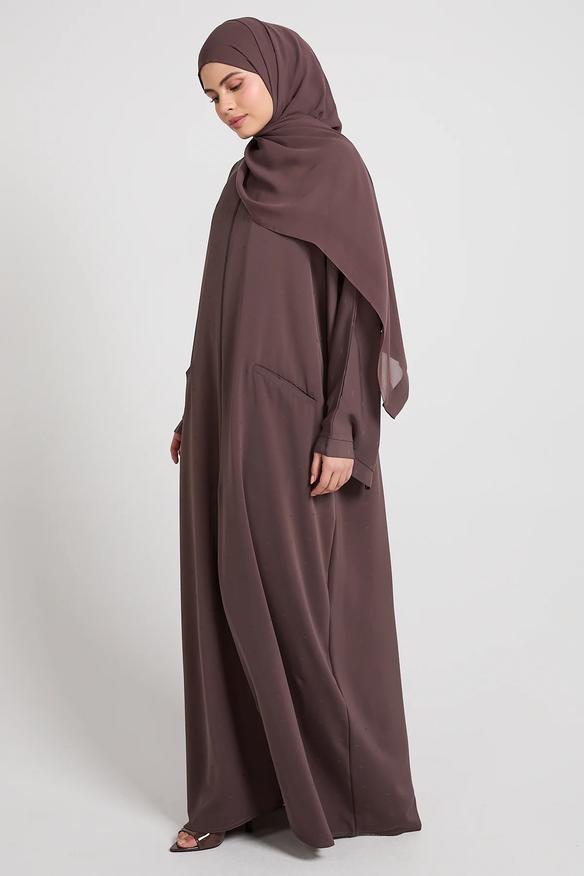 Premium Semi-Closed Abaya with Zip and Pockets – Plum Truffle - Image 5