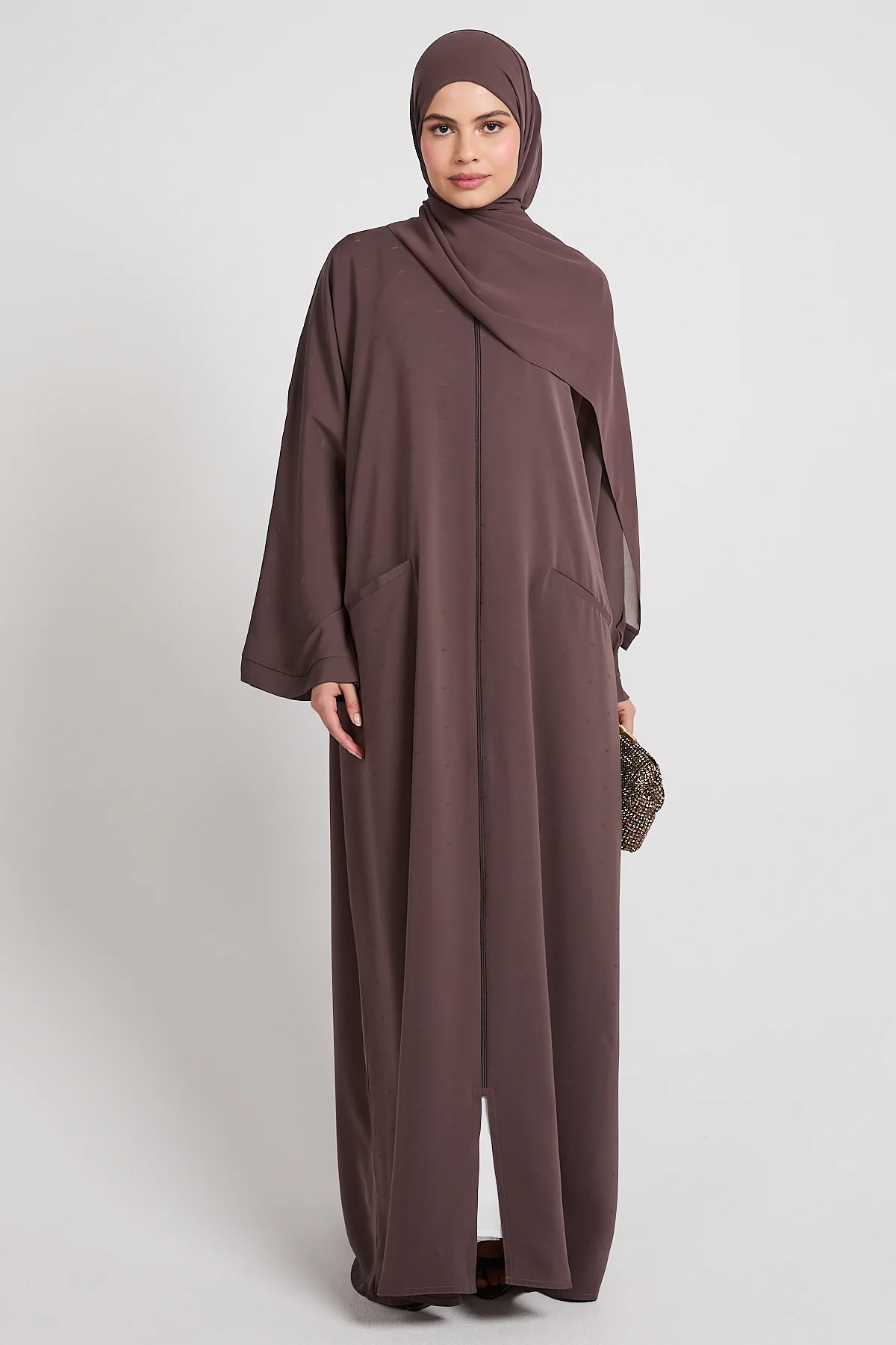 Premium Semi-Closed Abaya with Zip and Pockets – Plum Truffle - Image 7