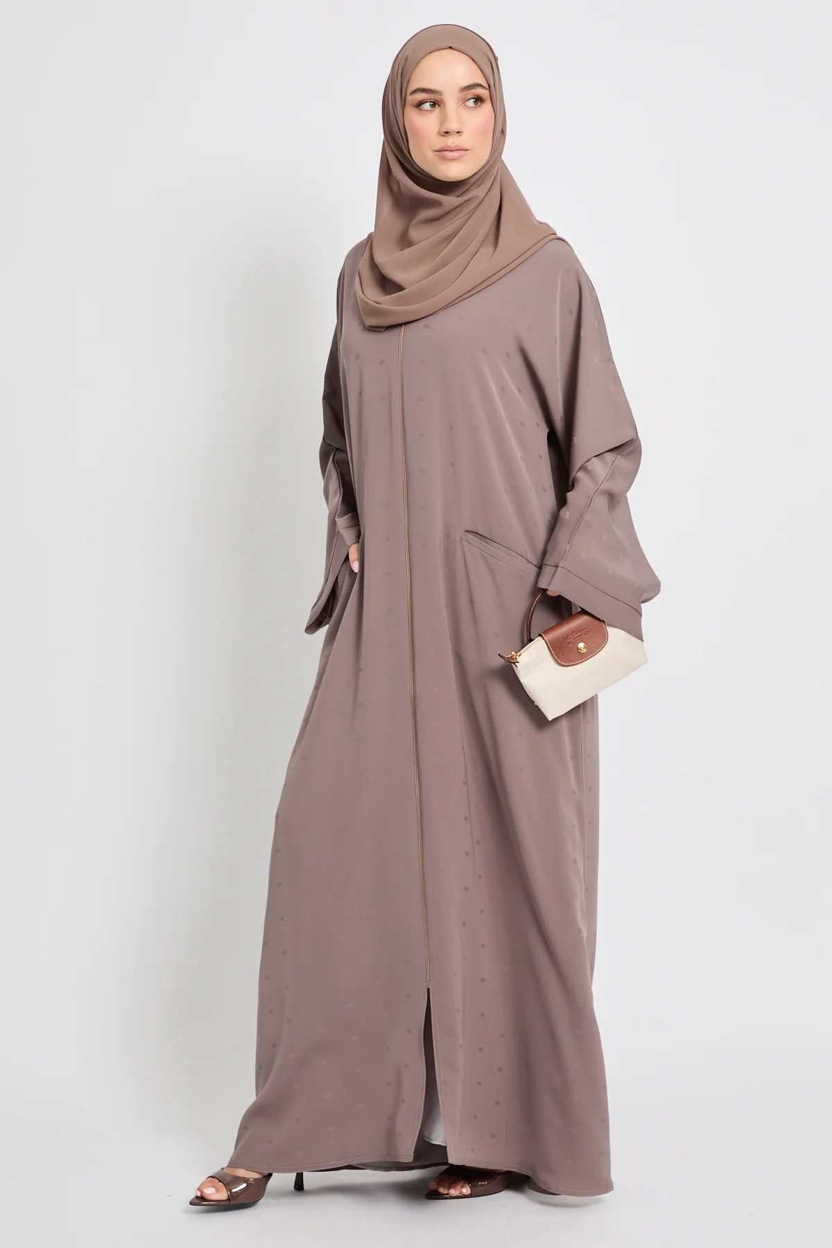 Premium Semi-Closed Abaya with Zip and Pockets – Taupe