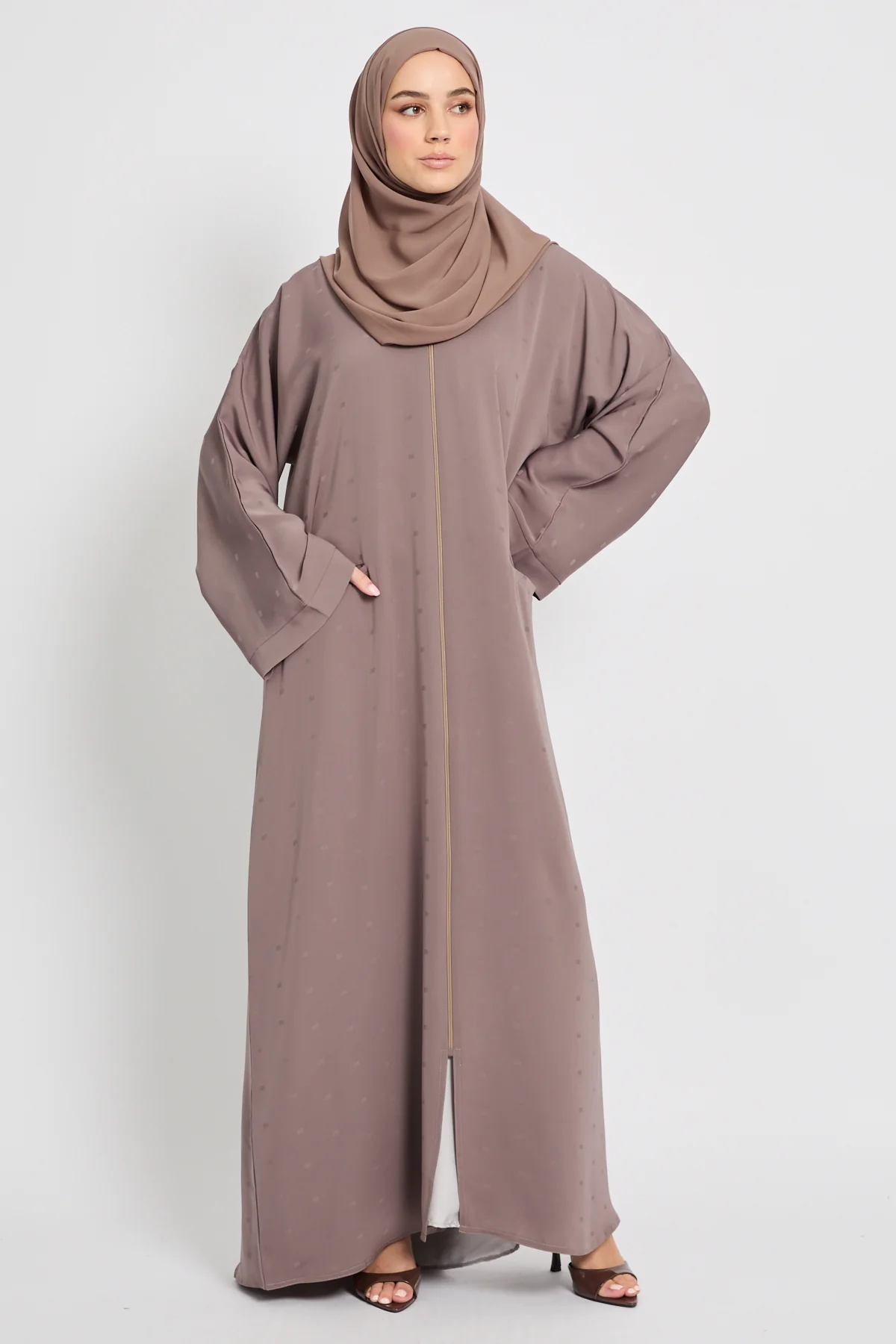 Premium Semi-Closed Abaya with Zip and Pockets – Taupe - Image 6