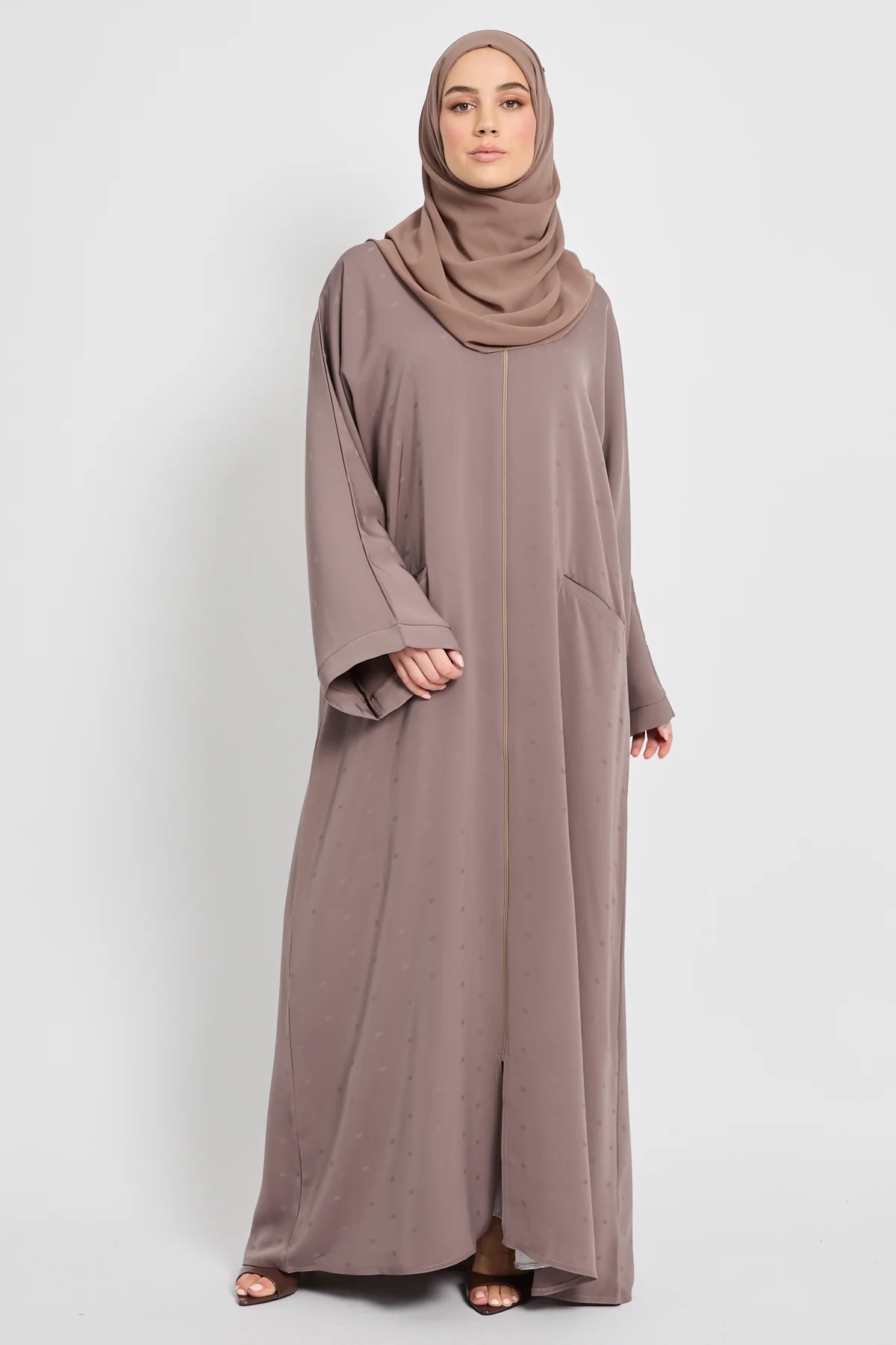Premium Semi-Closed Abaya with Zip and Pockets – Taupe - Image 8