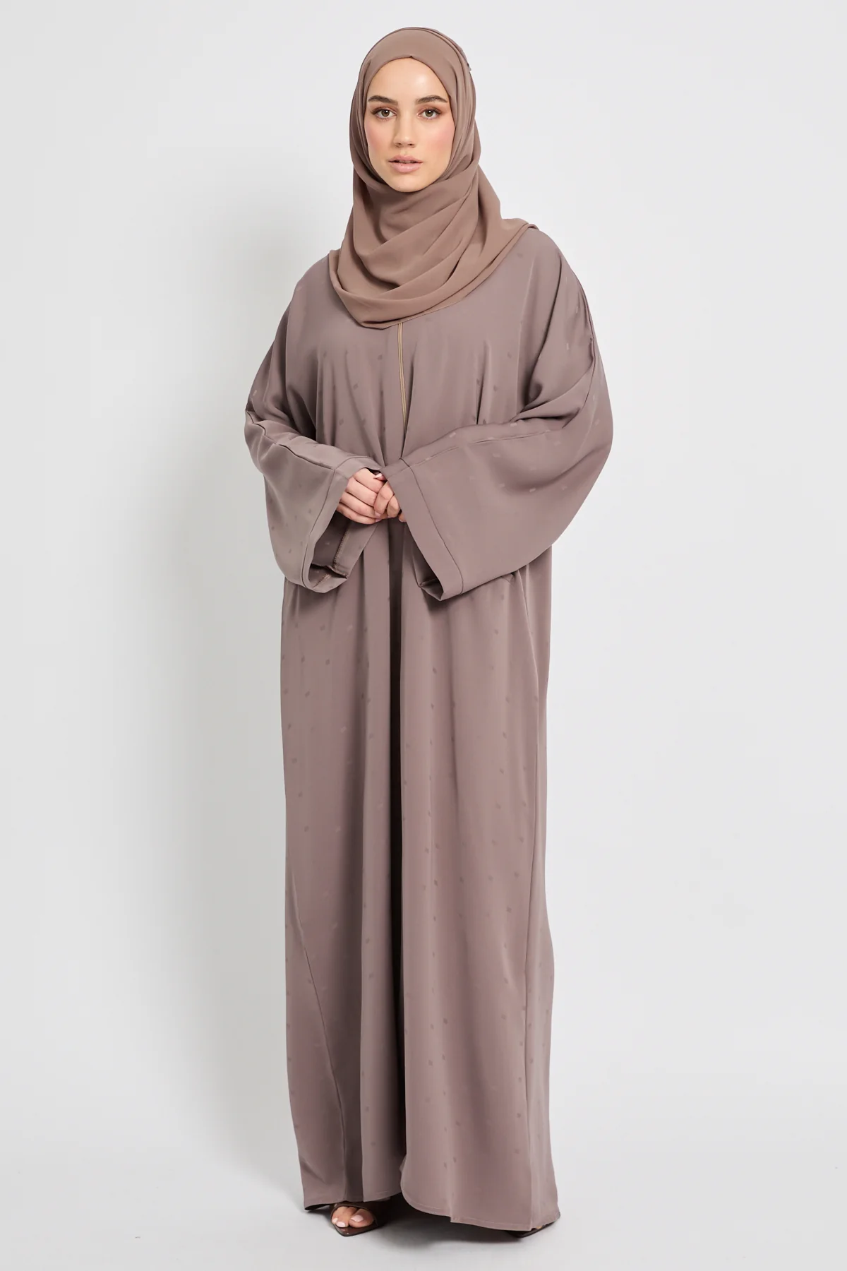 Premium Semi-Closed Abaya with Zip and Pockets – Taupe - Image 9