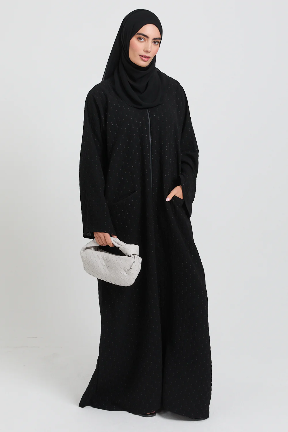 Premium Semi Closed Artisan Weave Textured Abaya with Zip and Pockets  - Black