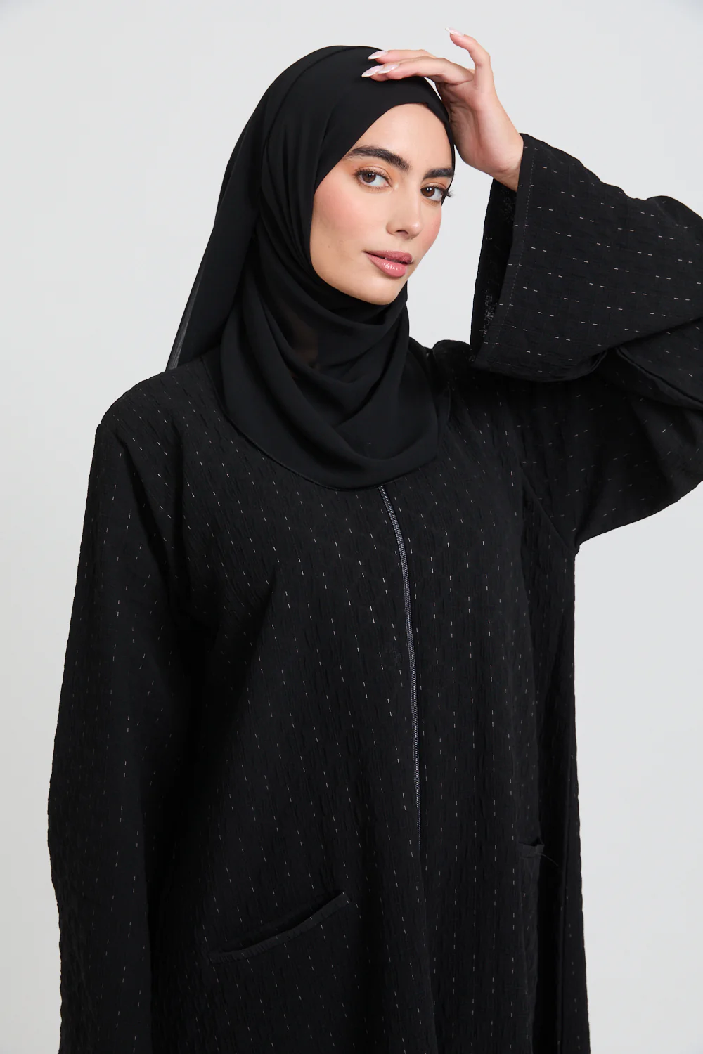 Premium Semi Closed Artisan Weave Textured Abaya with Zip and Pockets  - Black - Image 2