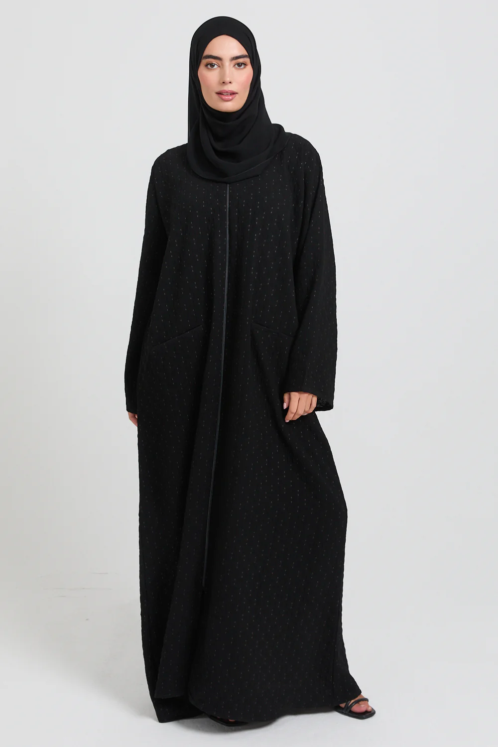 Premium Semi Closed Artisan Weave Textured Abaya with Zip and Pockets  - Black - Image 3
