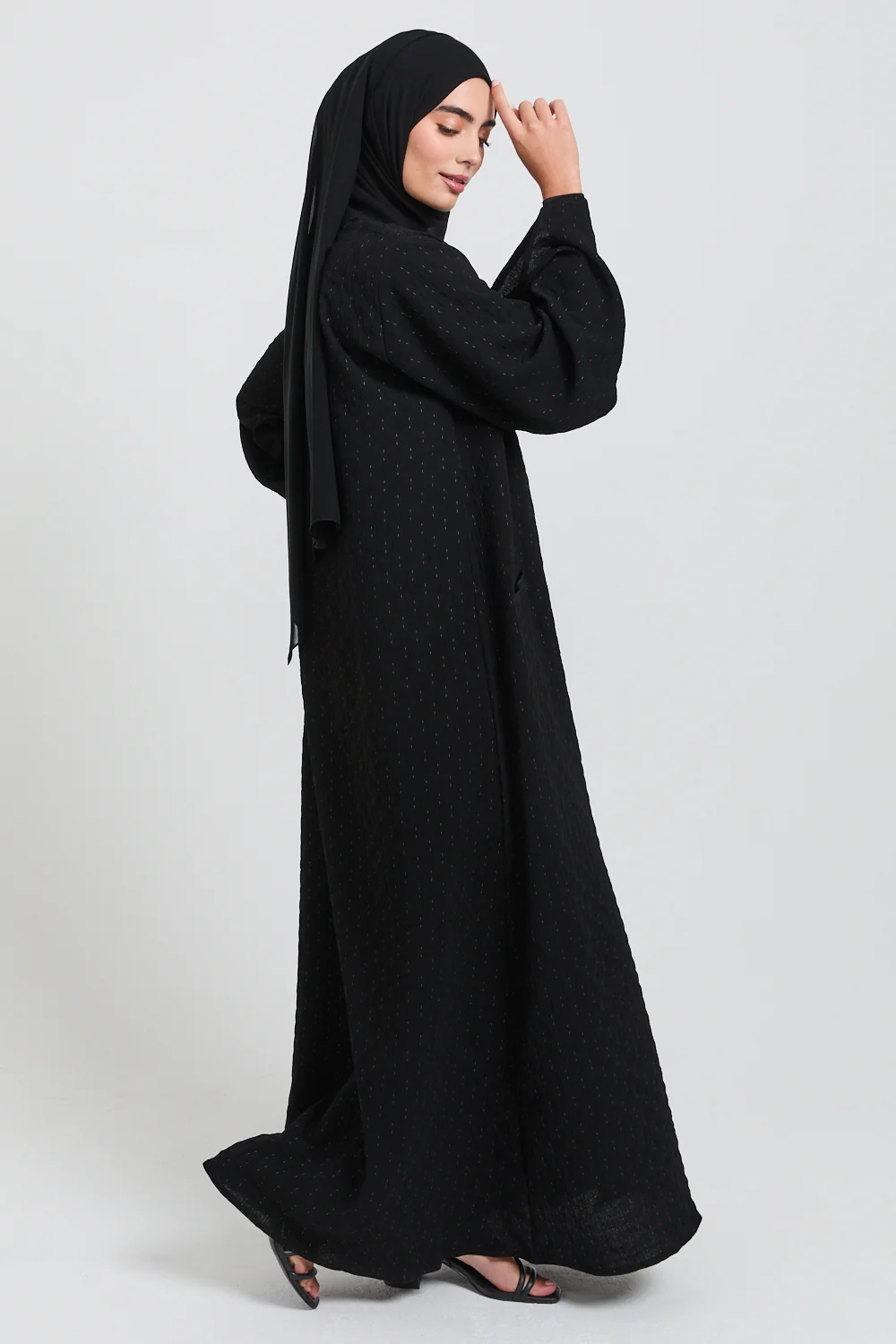 Premium Semi Closed Artisan Weave Textured Abaya with Zip and Pockets  - Black - Image 4
