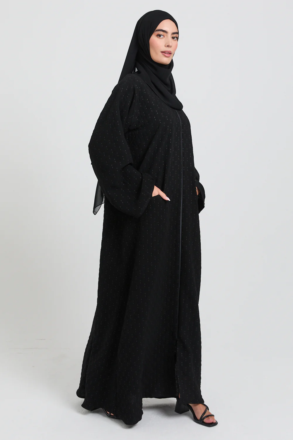 Premium Semi Closed Artisan Weave Textured Abaya with Zip and Pockets  - Black - Image 6