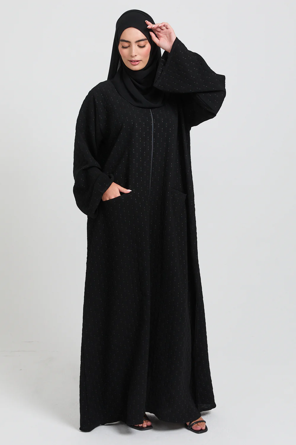 Premium Semi Closed Artisan Weave Textured Abaya with Zip and Pockets  - Black - Image 7