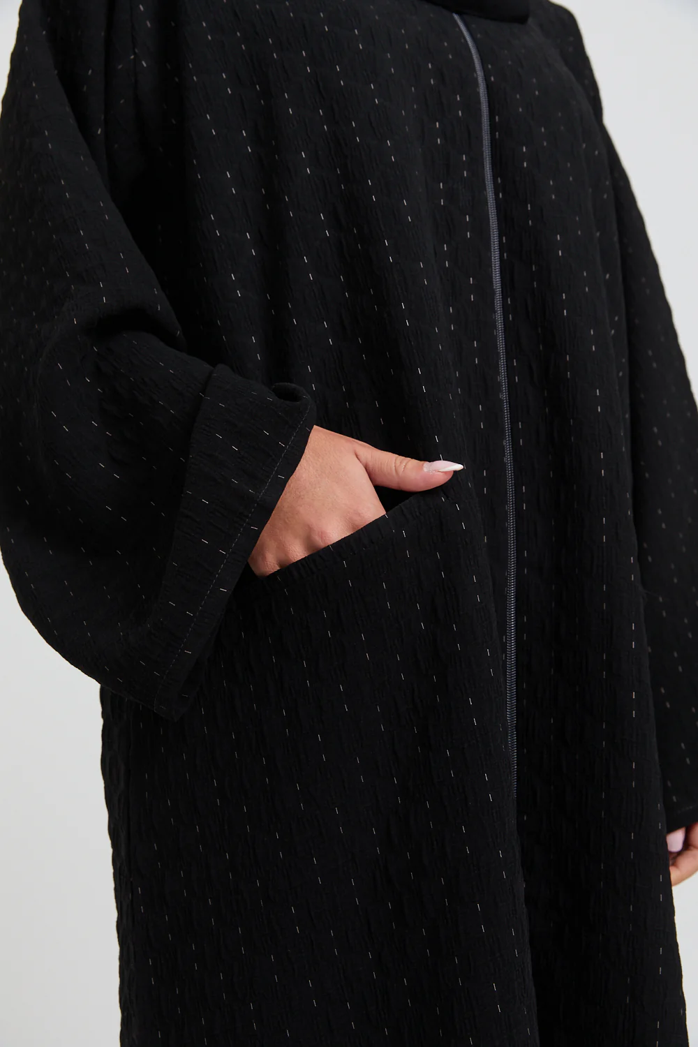 Premium Semi Closed Artisan Weave Textured Abaya with Zip and Pockets  - Black - Image 8