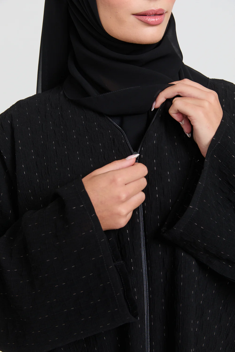 Premium Semi Closed Artisan Weave Textured Abaya with Zip and Pockets  - Black - Image 9