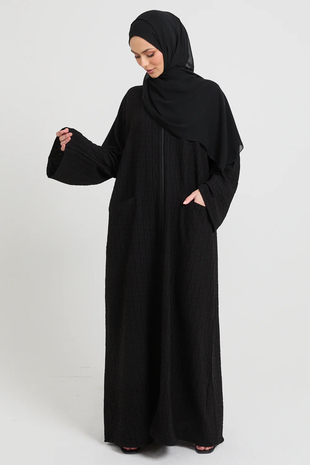 Premium Semi Closed Textured Abaya with Zip and Pockets - Black