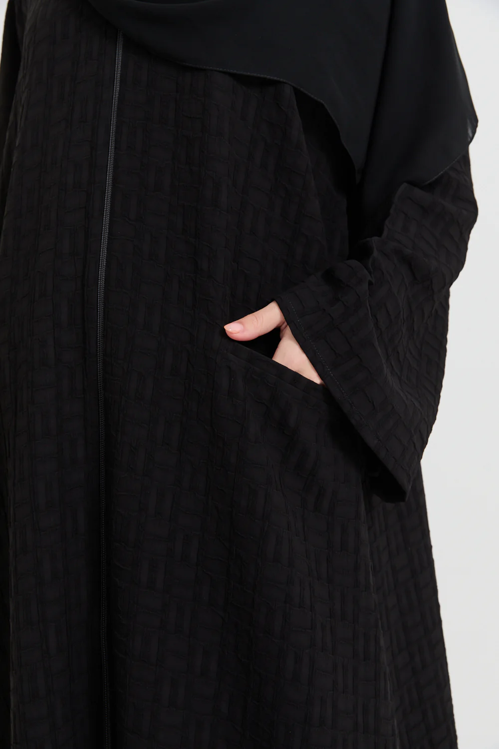 Premium Semi Closed Textured Abaya with Zip and Pockets - Black - Image 4