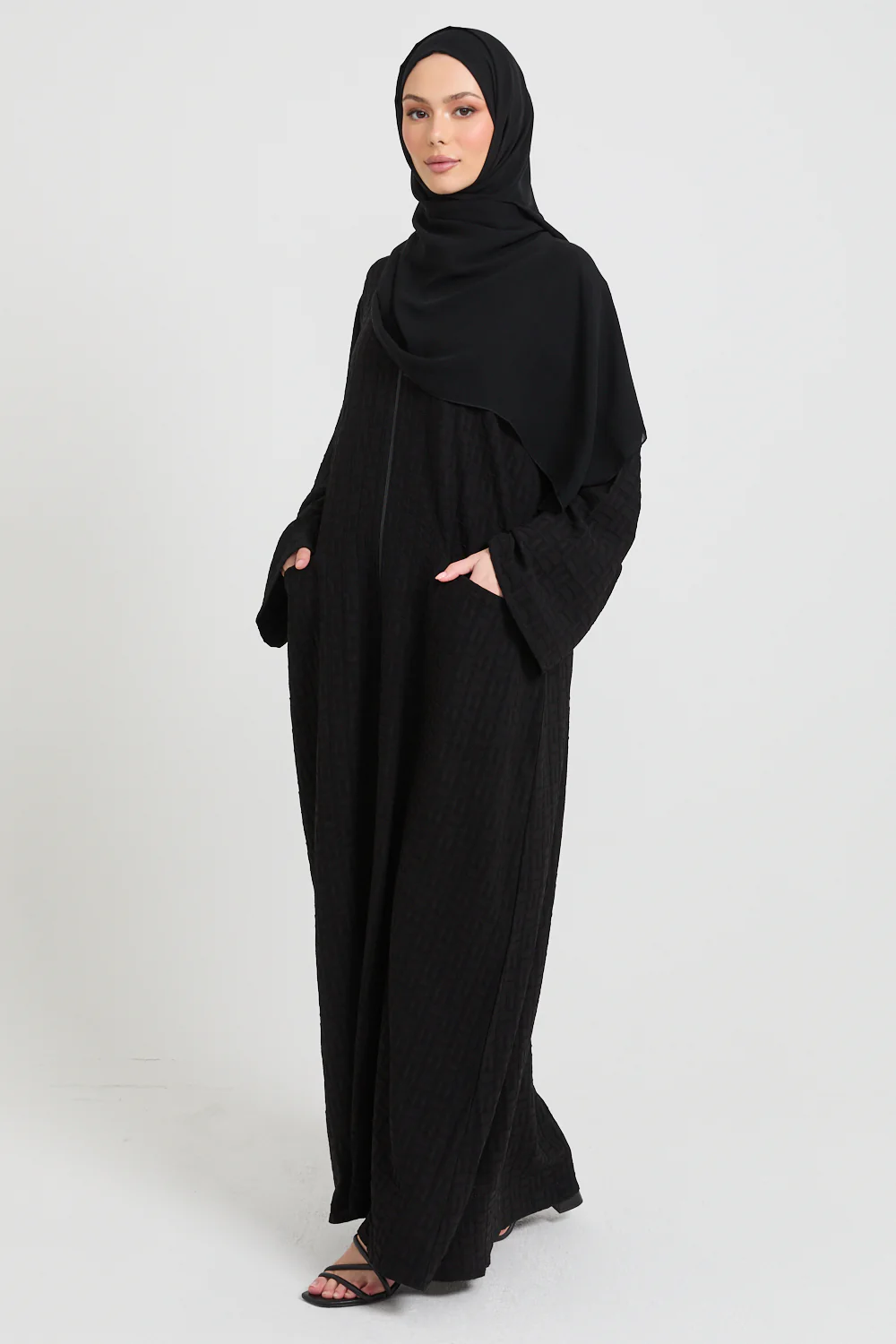 Premium Semi Closed Textured Abaya with Zip and Pockets - Black - Image 5