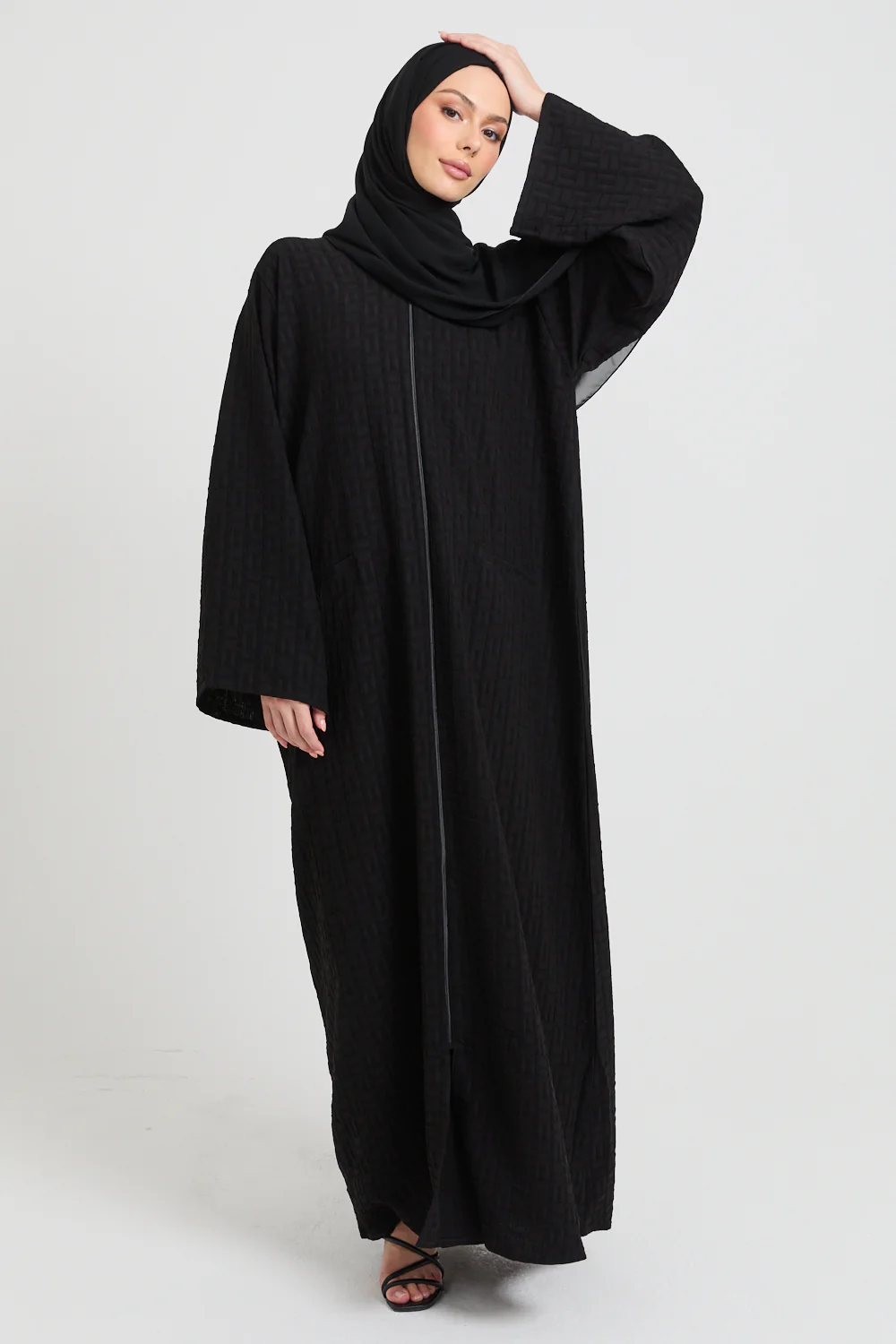 Premium Semi Closed Textured Abaya with Zip and Pockets - Black - Image 6