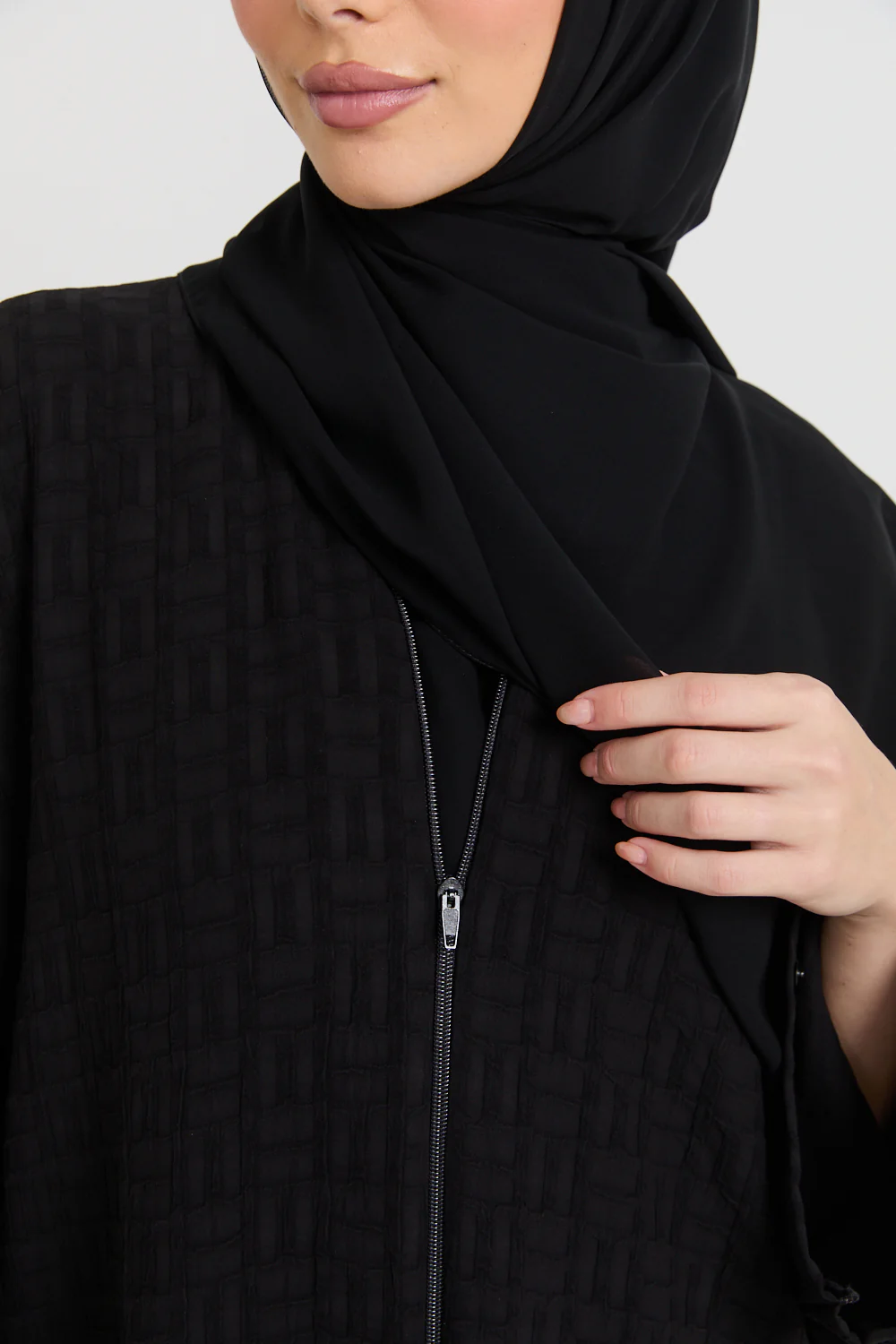 Premium Semi Closed Textured Abaya with Zip and Pockets - Black - Image 7