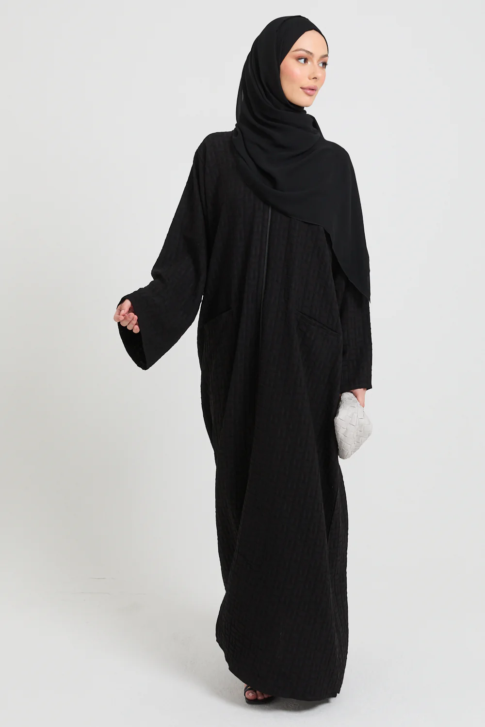 Premium Semi Closed Textured Abaya with Zip and Pockets - Black - Image 8