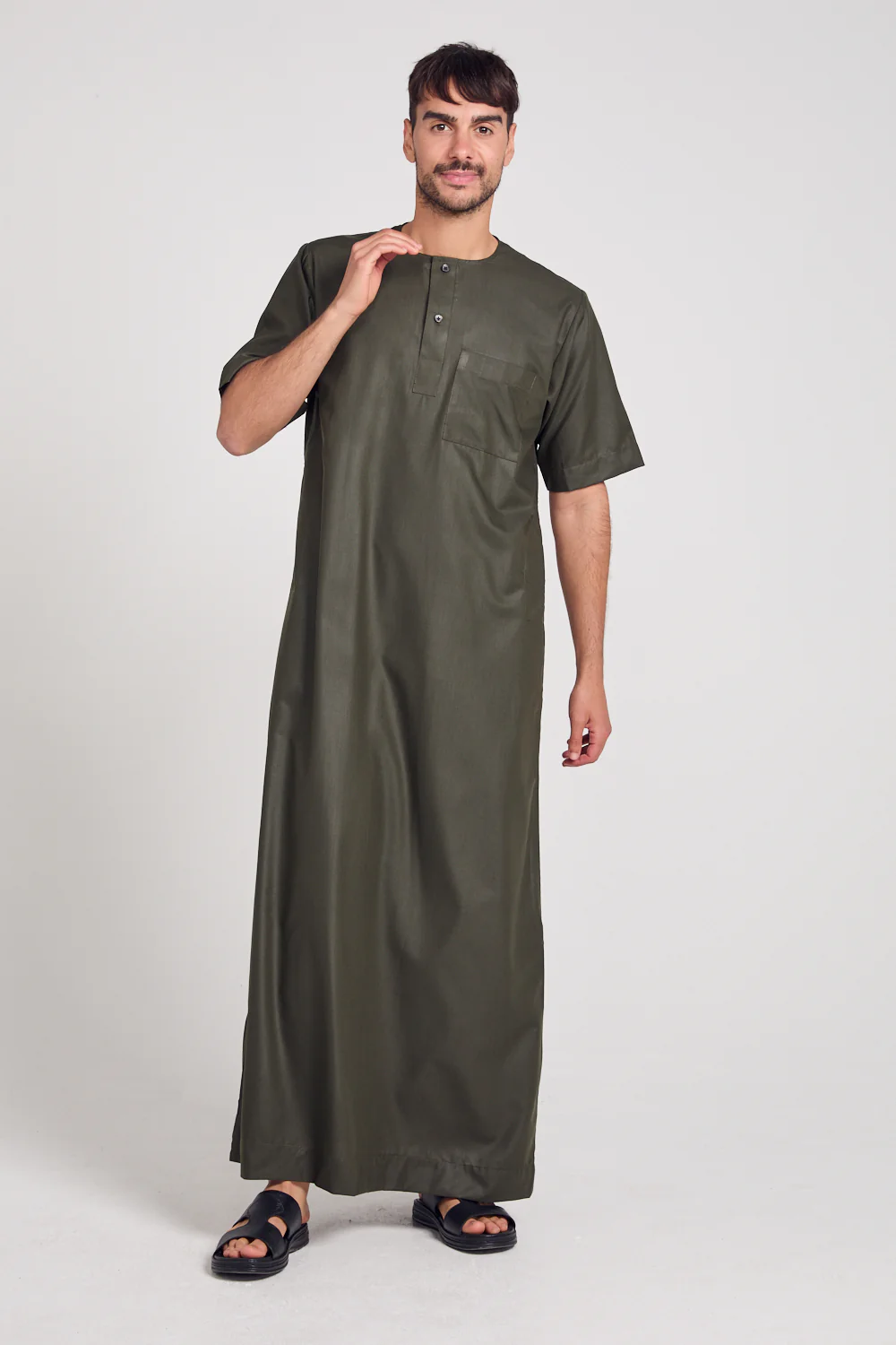 Premium Short Sleeve Buttoned Thobe - Dark Forest - Image 4