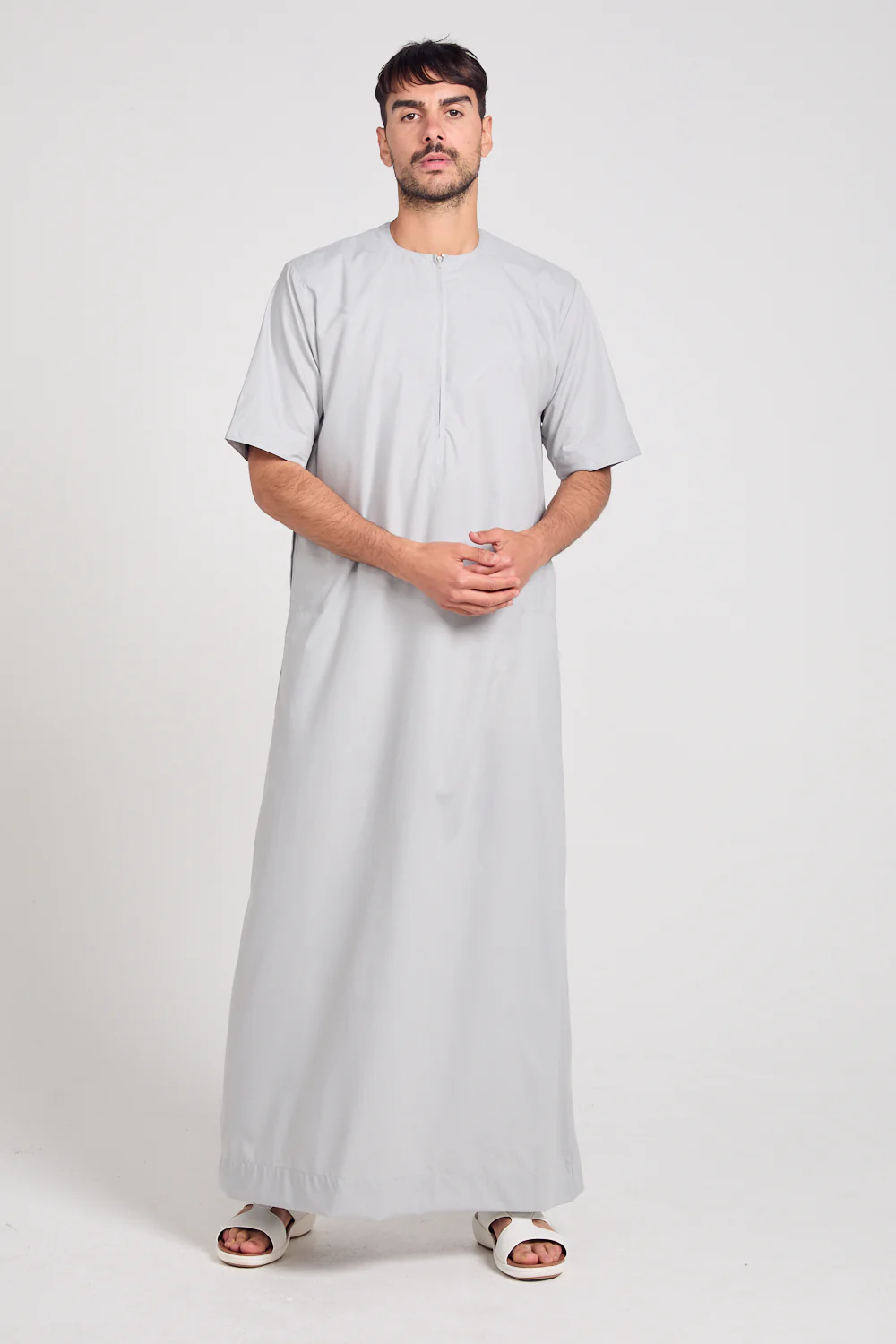 Premium Short Sleeve Emirati Thobe with Zip - Dawn Grey
