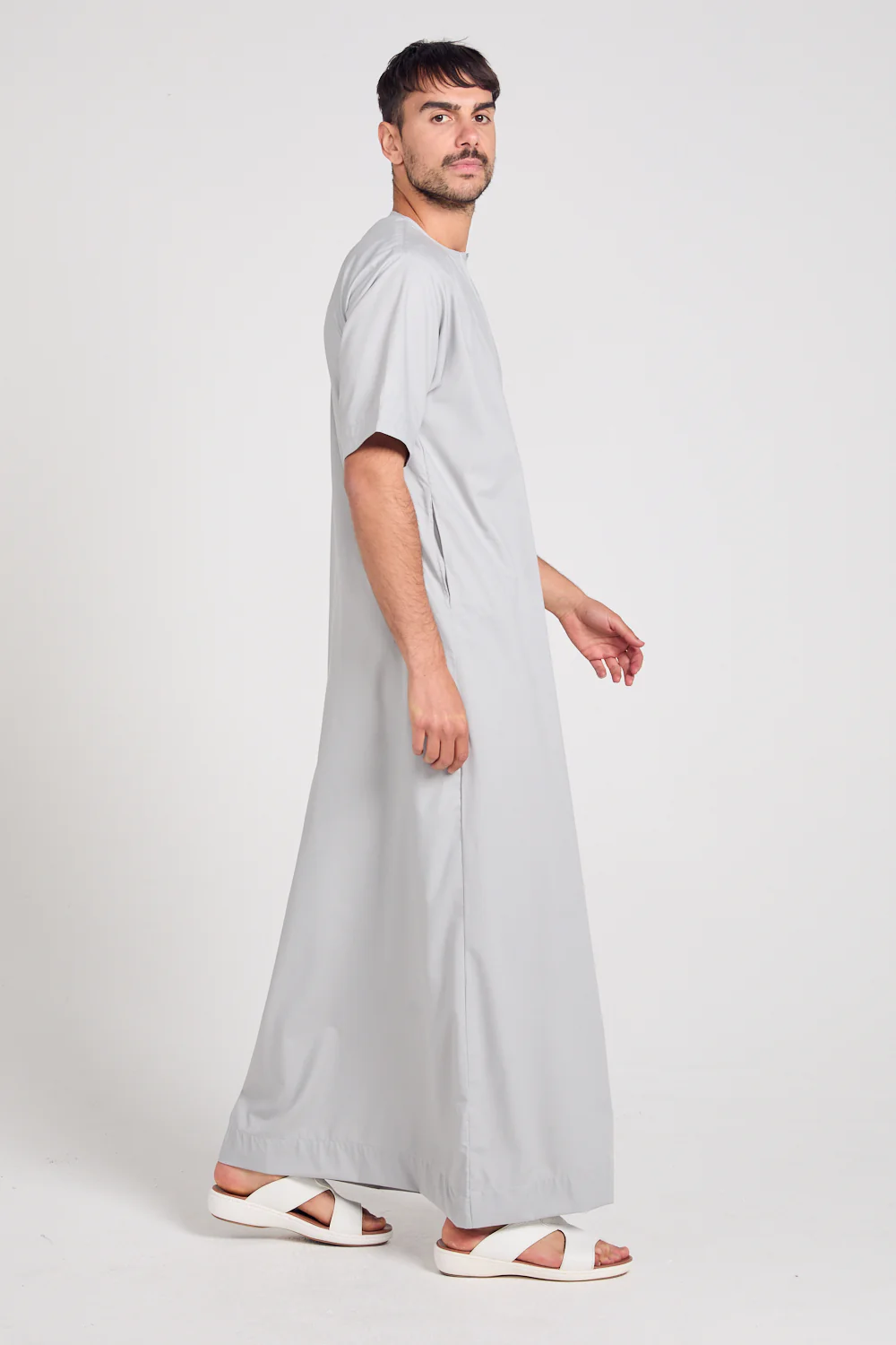 Premium Short Sleeve Emirati Thobe with Zip - Dawn Grey - Image 8