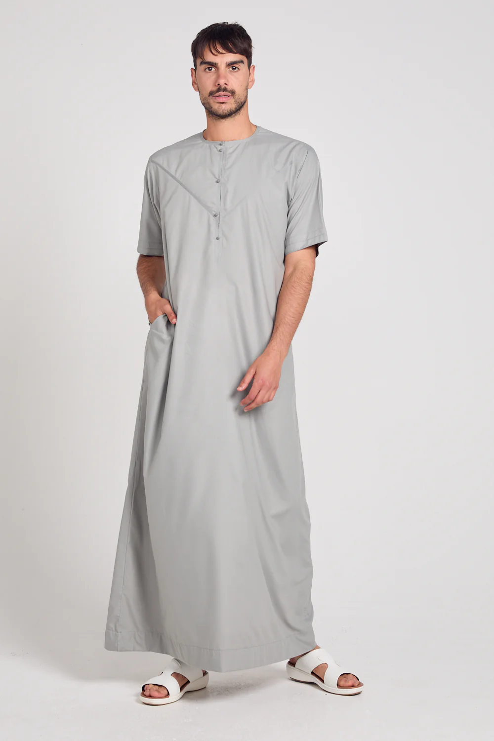 Premium Short Sleeve Emirati Thobe - Mineral Grey - Image 3