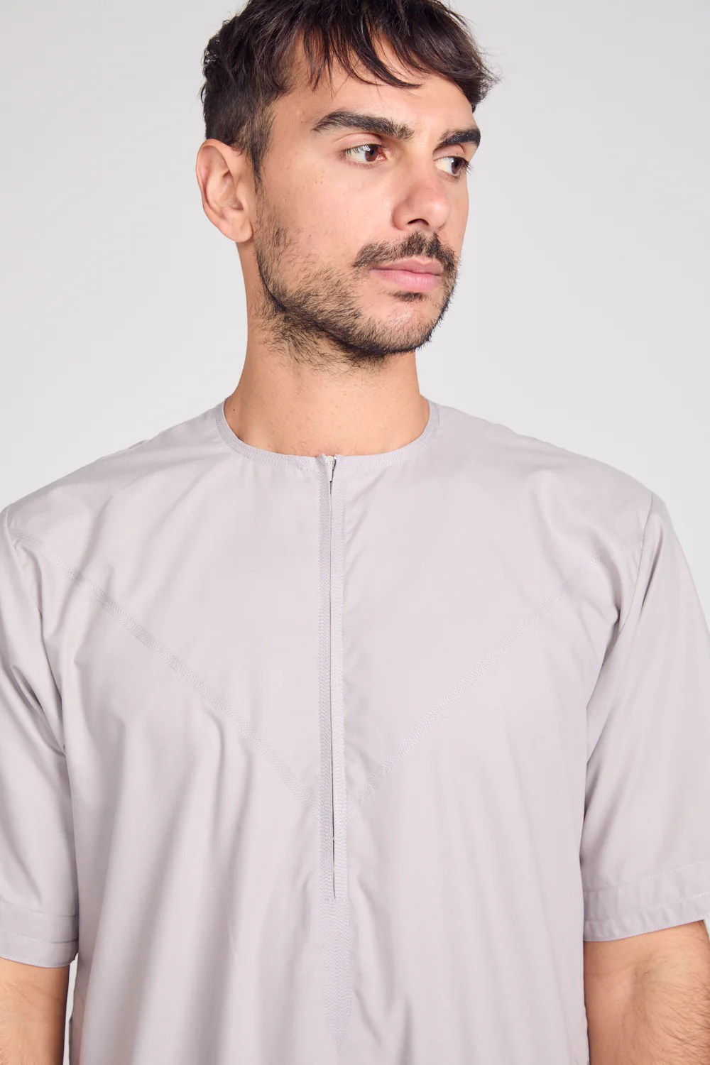 Premium Short Sleeve Emirati Thobe with Zip - Lilac Ash - Image 2