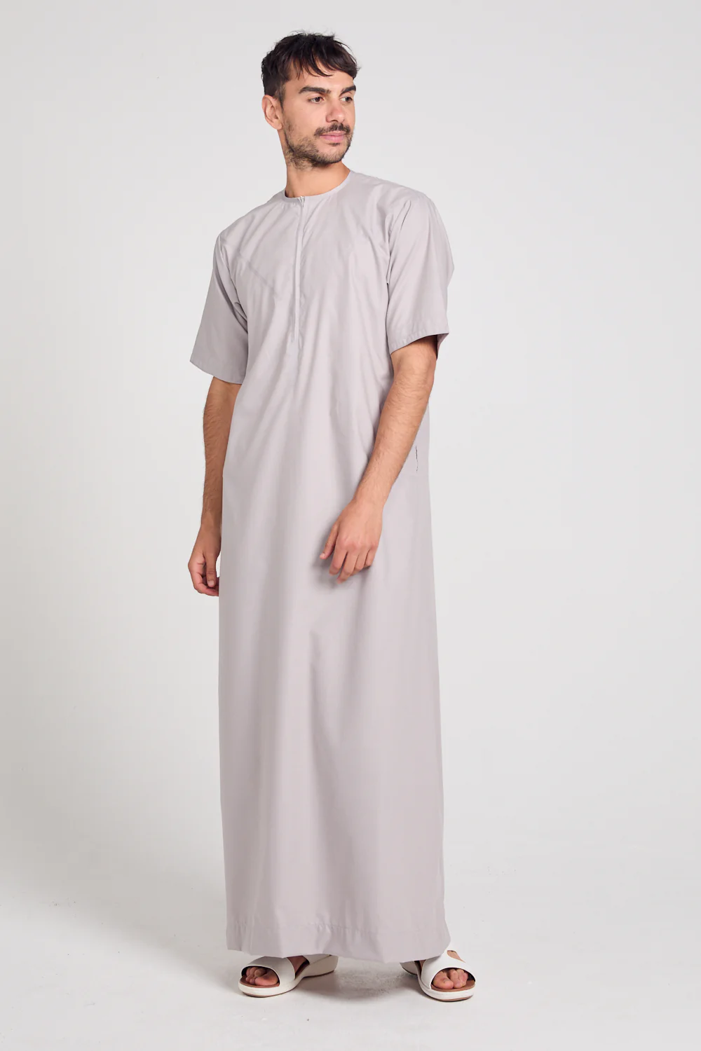 Premium Short Sleeve Emirati Thobe with Zip - Lilac Ash - Image 4
