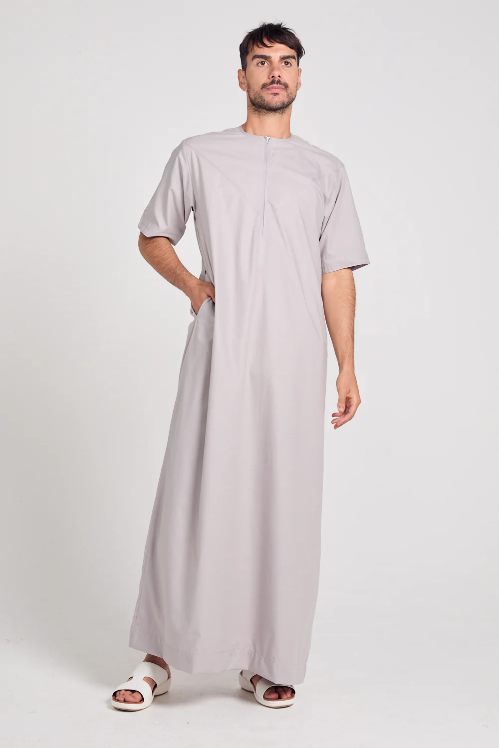 Premium Short Sleeve Emirati Thobe with Zip - Lilac Ash - Image 5
