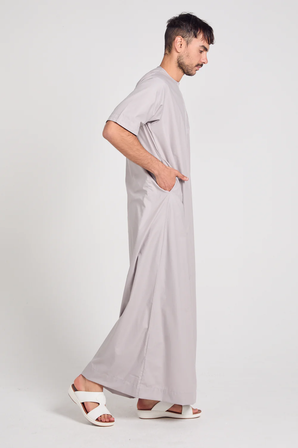 Premium Short Sleeve Emirati Thobe with Zip - Lilac Ash - Image 6
