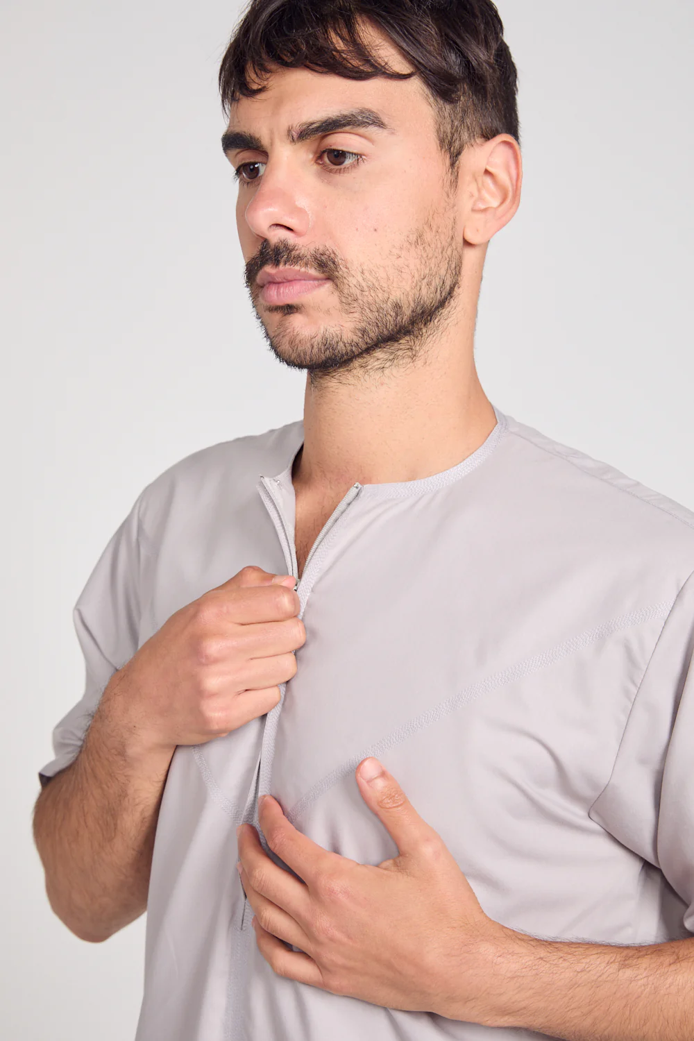 Premium Short Sleeve Emirati Thobe with Zip - Lilac Ash - Image 9