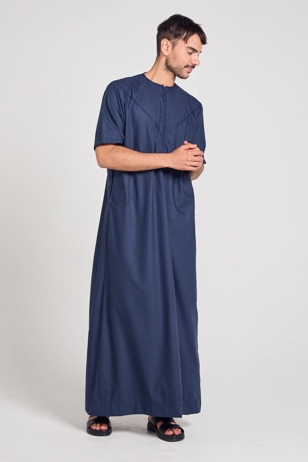 Premium Short Sleeve Emirati Thobe with Zip - Navy - Image 3