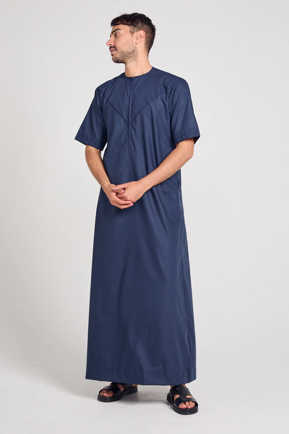 Premium Short Sleeve Emirati Thobe with Zip - Navy - Image 4