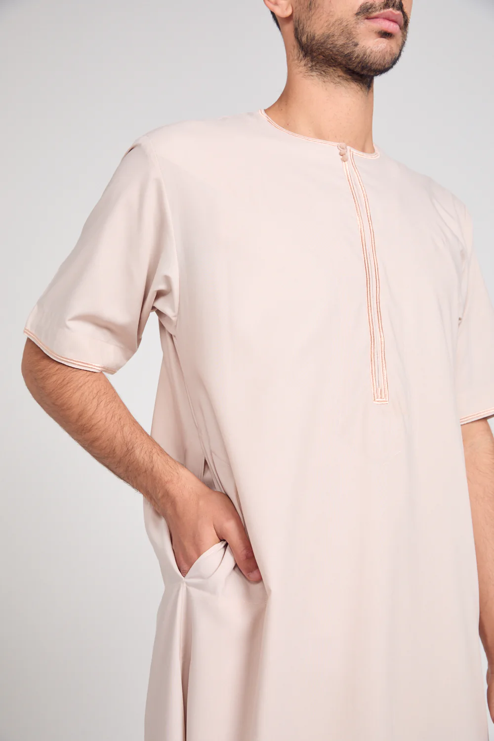 Premium Short Sleeve Omani Thobe - Coconut Macaroon - Image 9