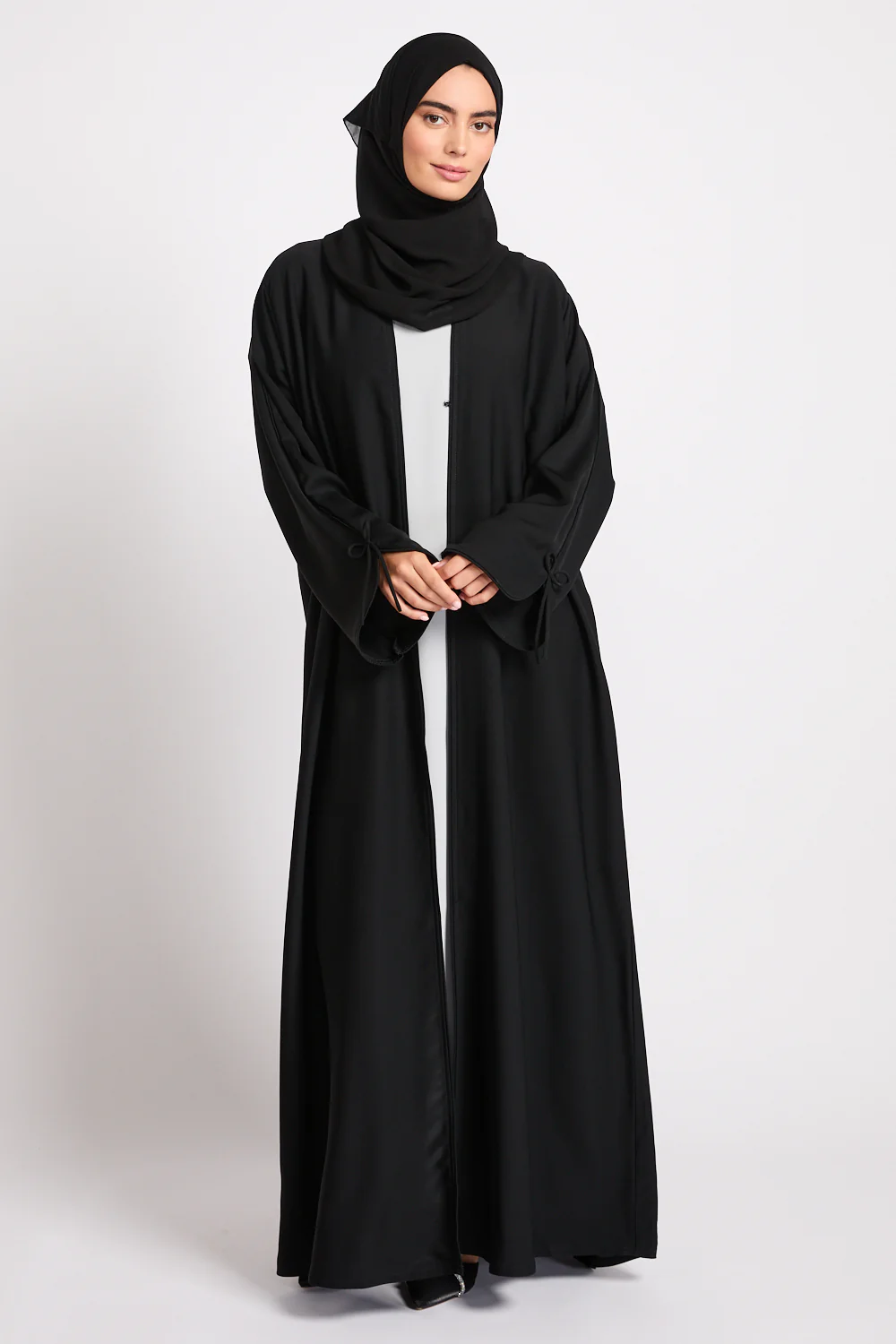 Premium Signature Bow Cuff Open Abaya - Black - Image 5