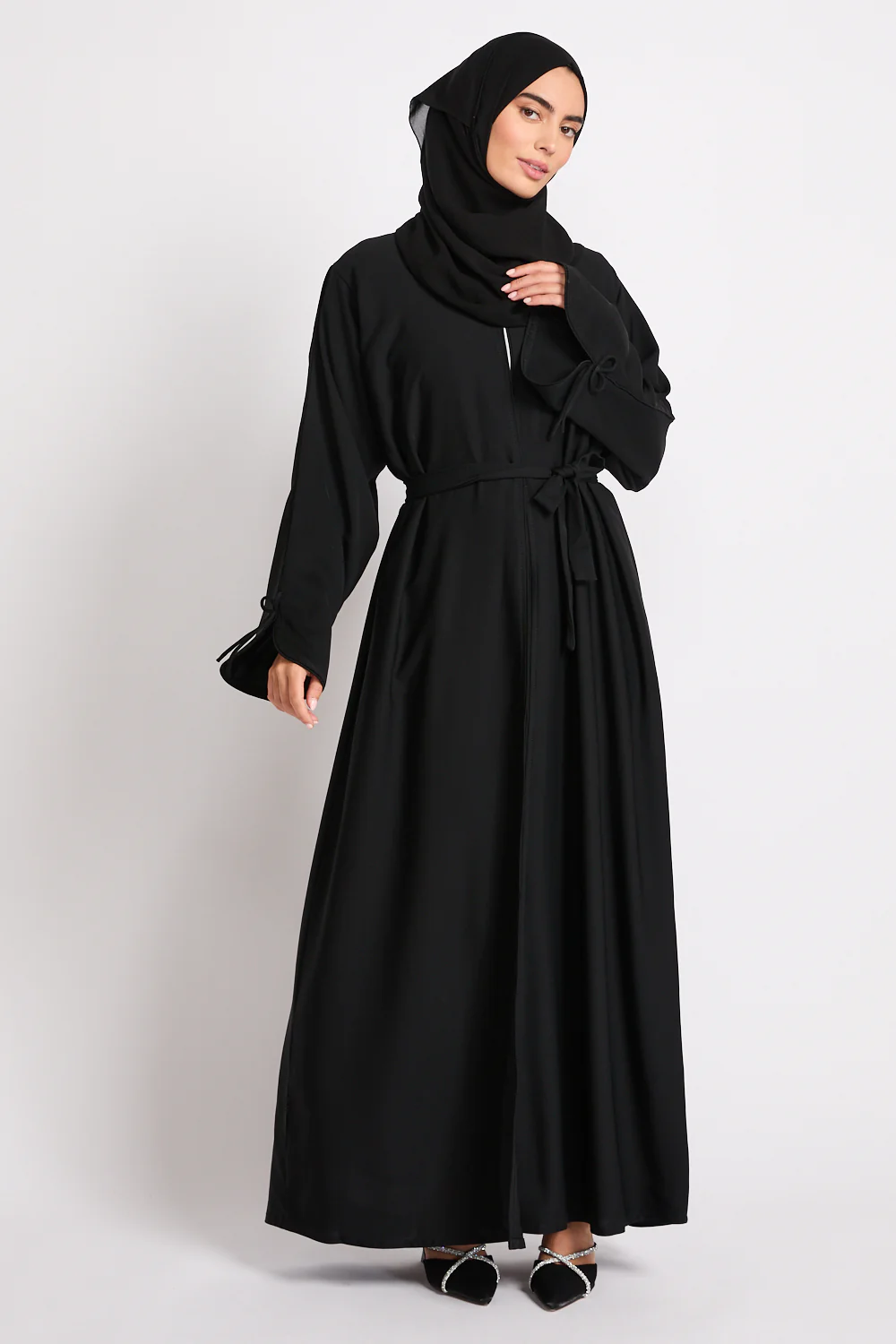 Premium Signature Bow Cuff Open Abaya - Black - Image 8