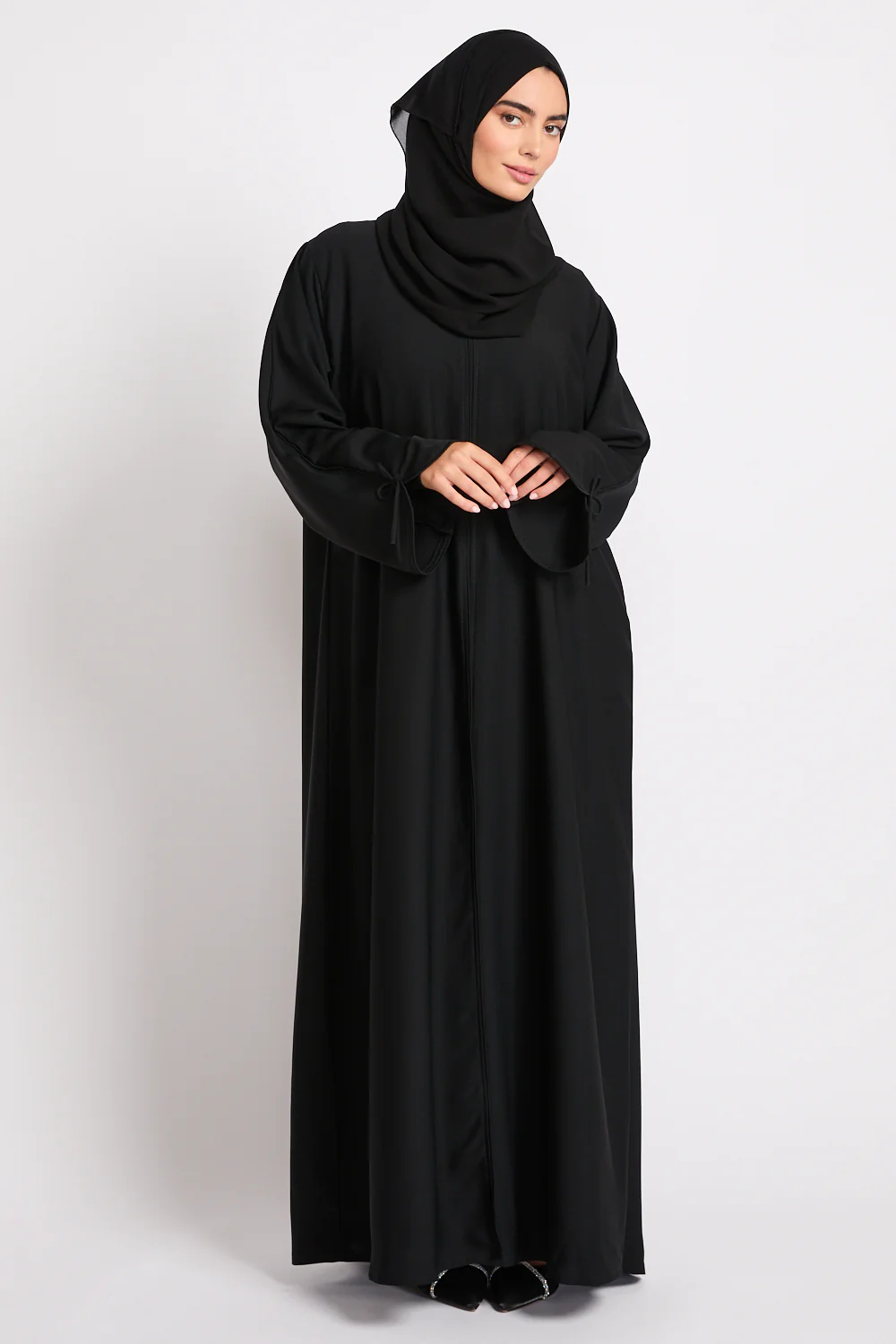 Premium Signature Bow Cuff Open Abaya - Black - Image 9