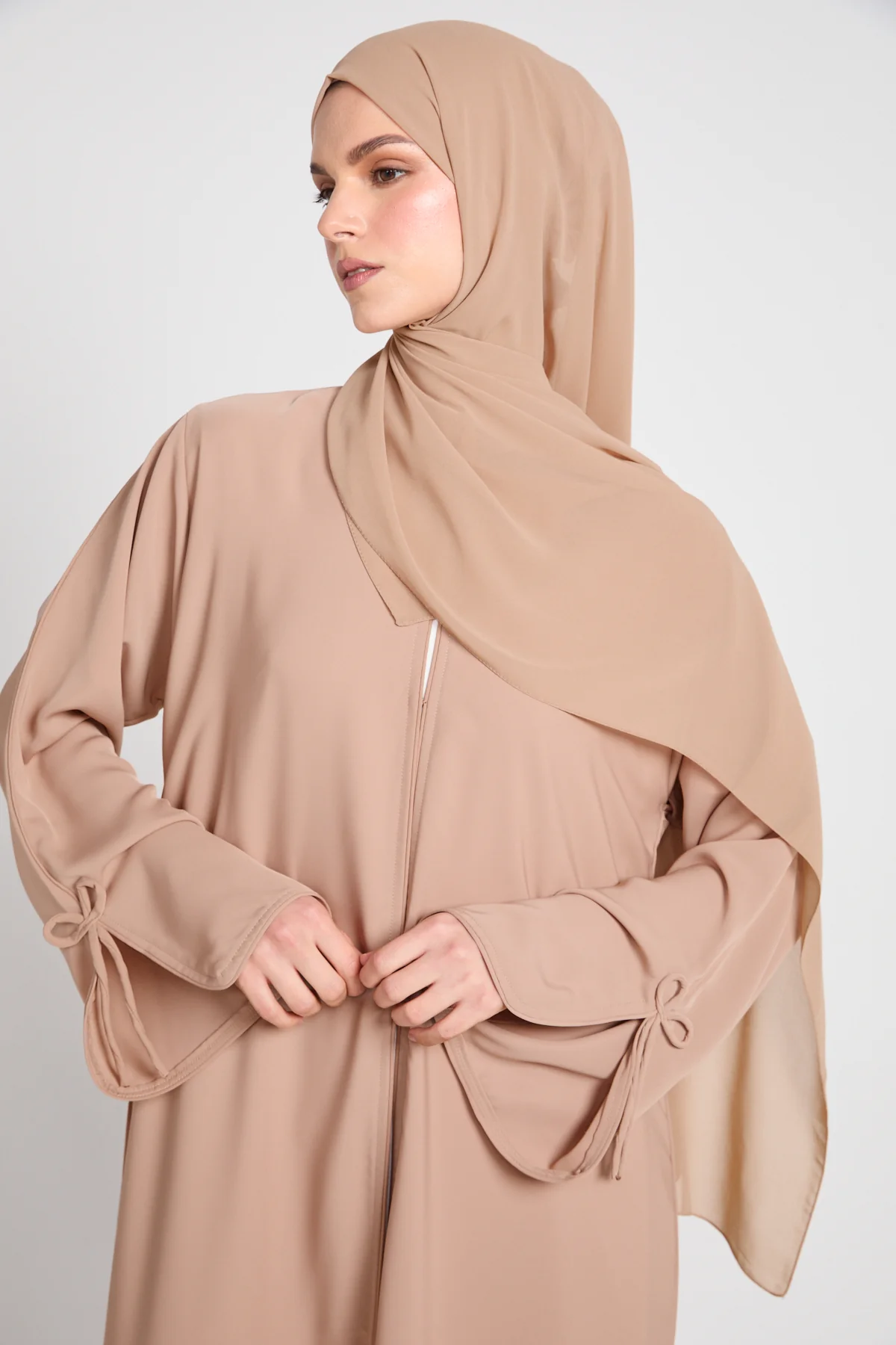Premium Signature Bow Cuff Open Abaya - Desert Beige - Image 2
