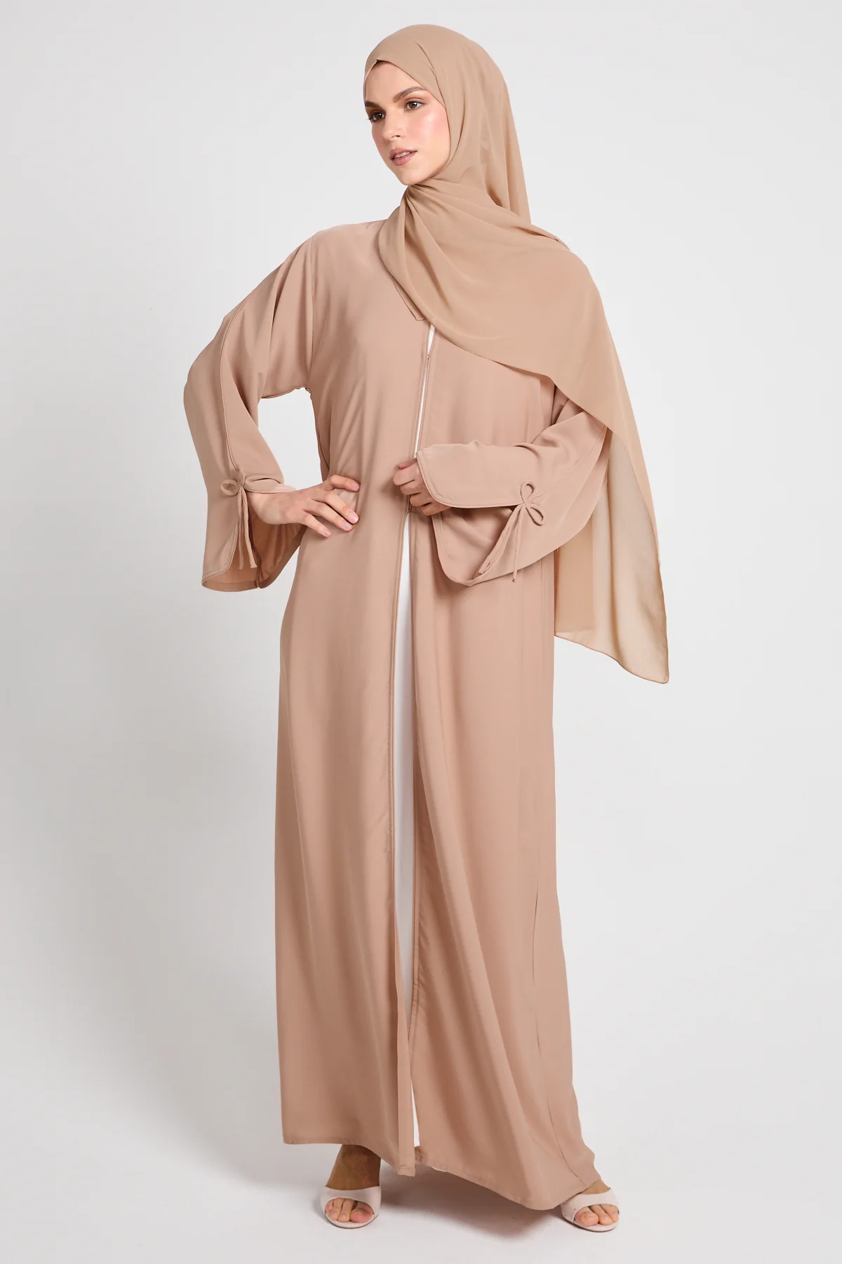 Premium Signature Bow Cuff Open Abaya - Desert Beige - Image 3