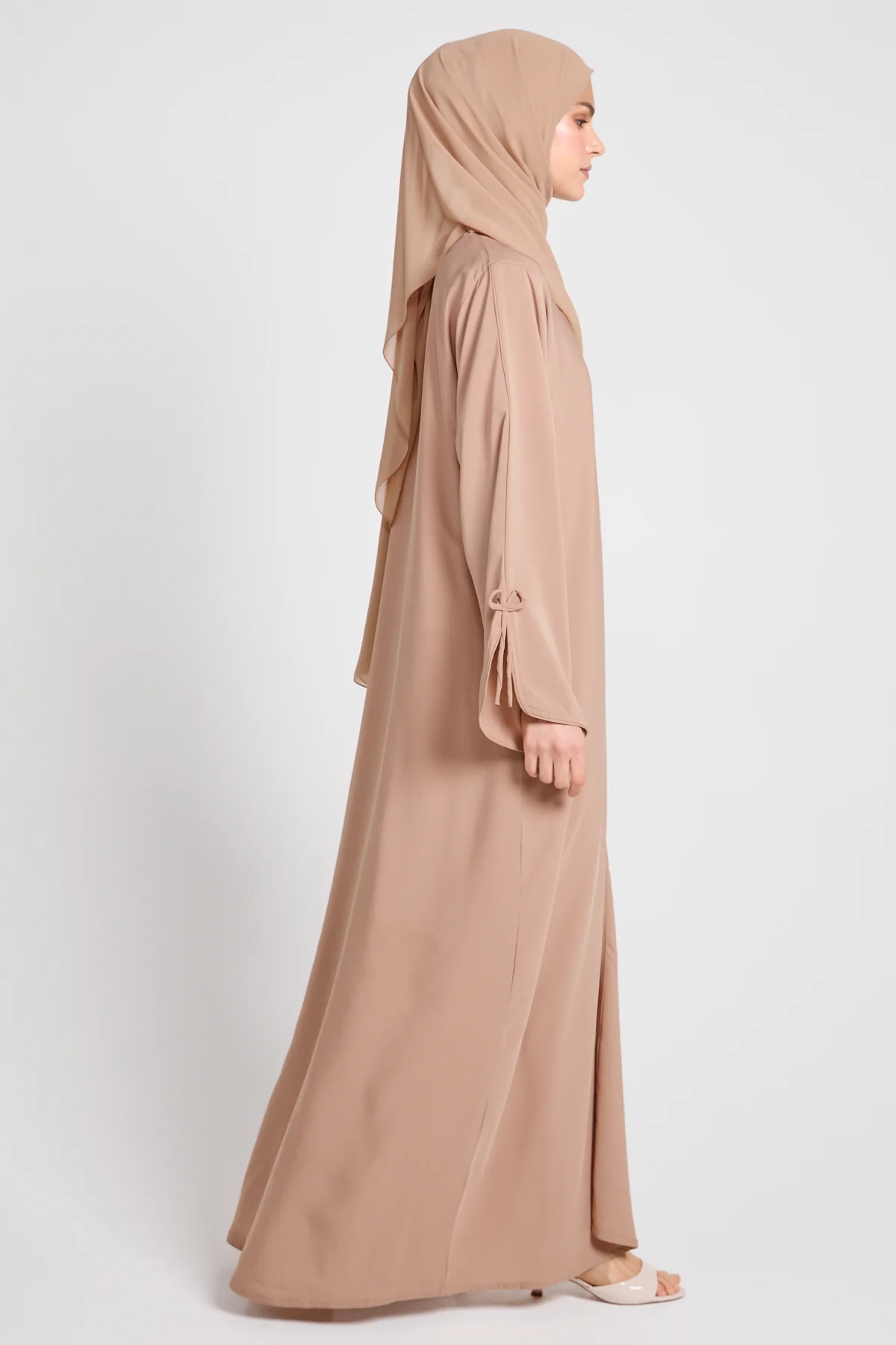 Premium Signature Bow Cuff Open Abaya - Desert Beige - Image 4