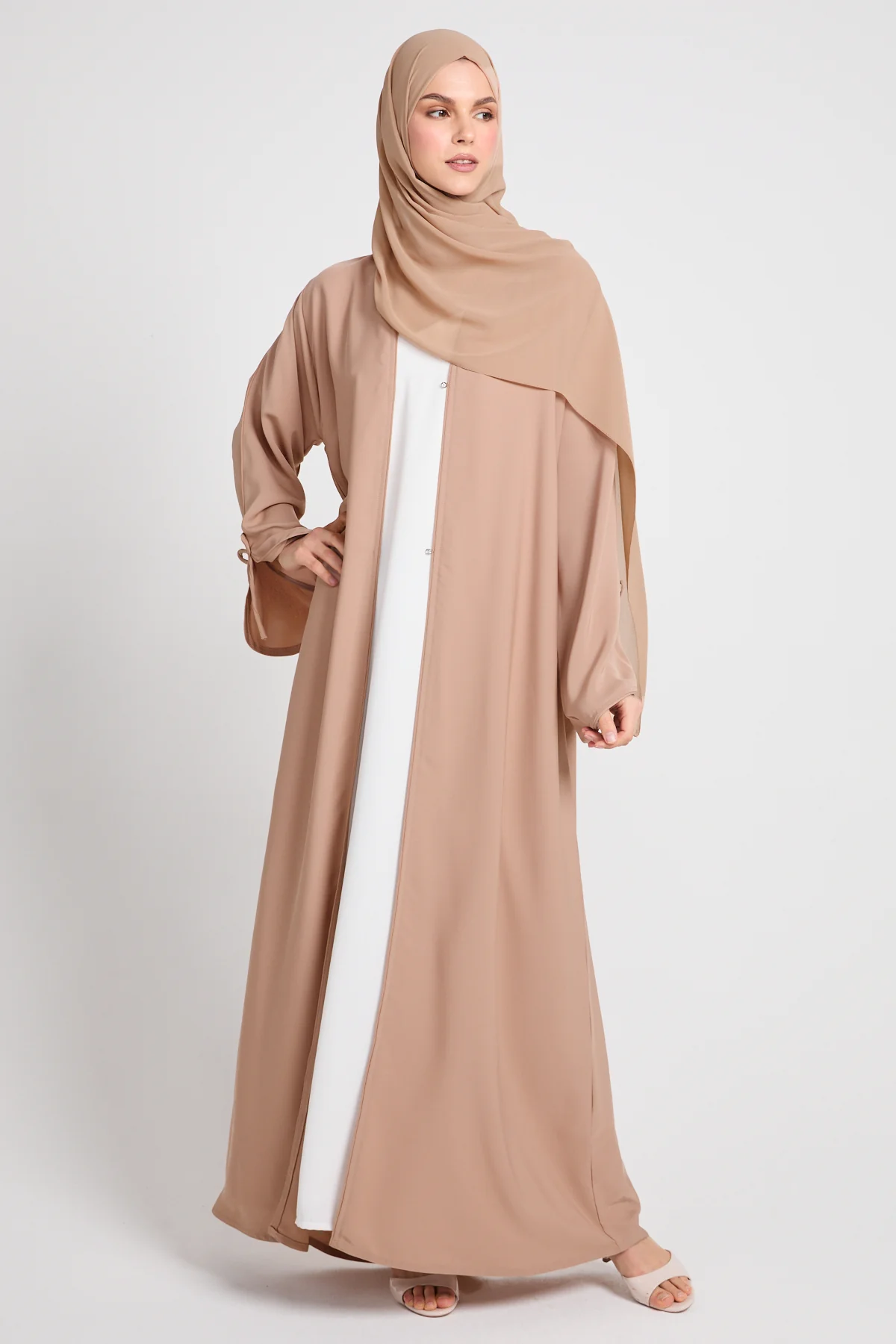 Premium Signature Bow Cuff Open Abaya - Desert Beige - Image 5