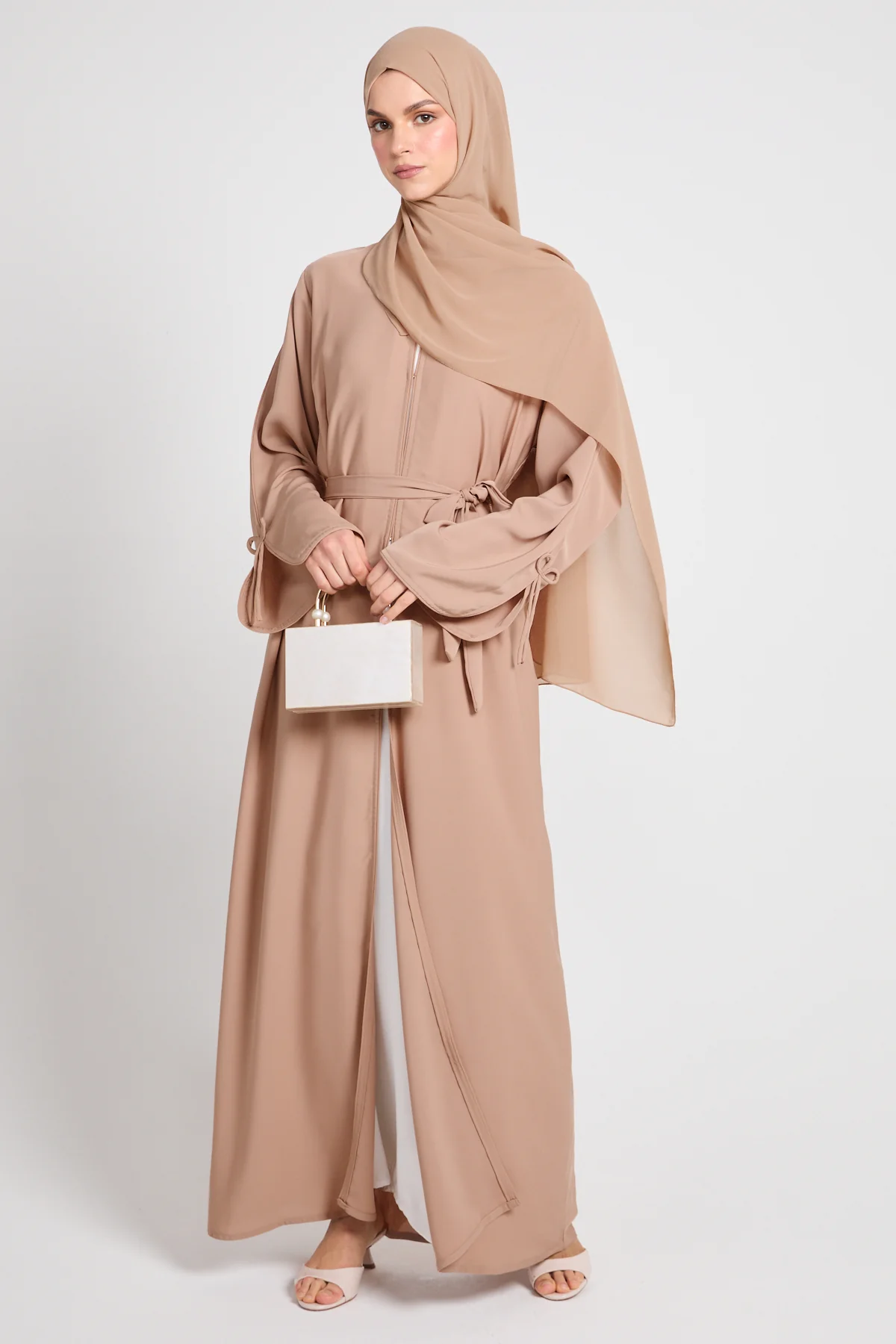 Premium Signature Bow Cuff Open Abaya - Desert Beige - Image 7
