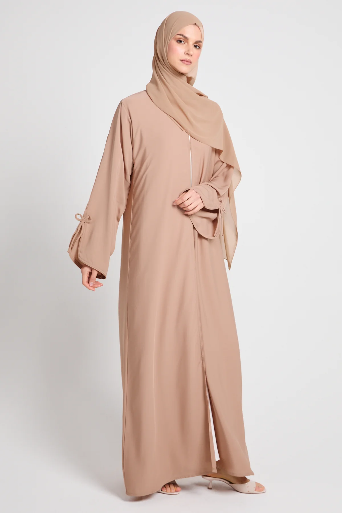 Premium Signature Bow Cuff Open Abaya - Desert Beige - Image 9