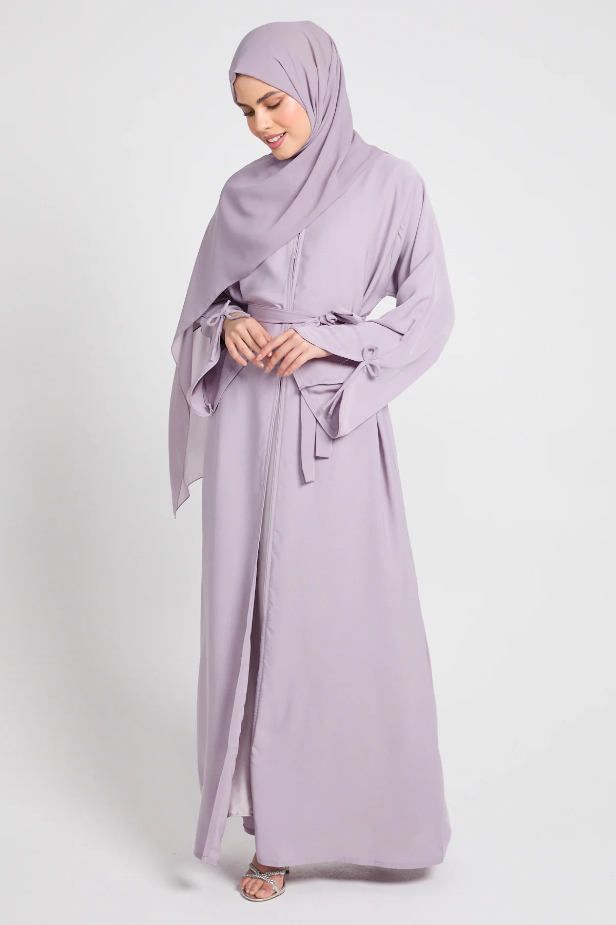 Premium Signature Bow Cuff Open Abaya - Dusty Lilac