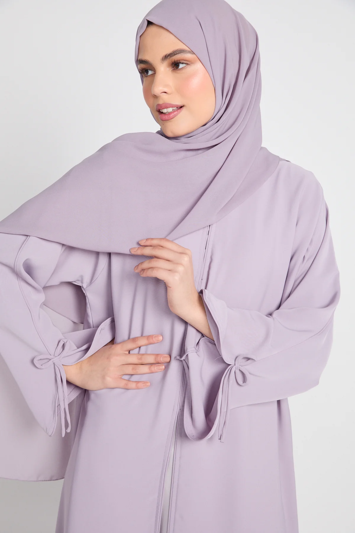 Premium Signature Bow Cuff Open Abaya - Dusty Lilac - Image 5