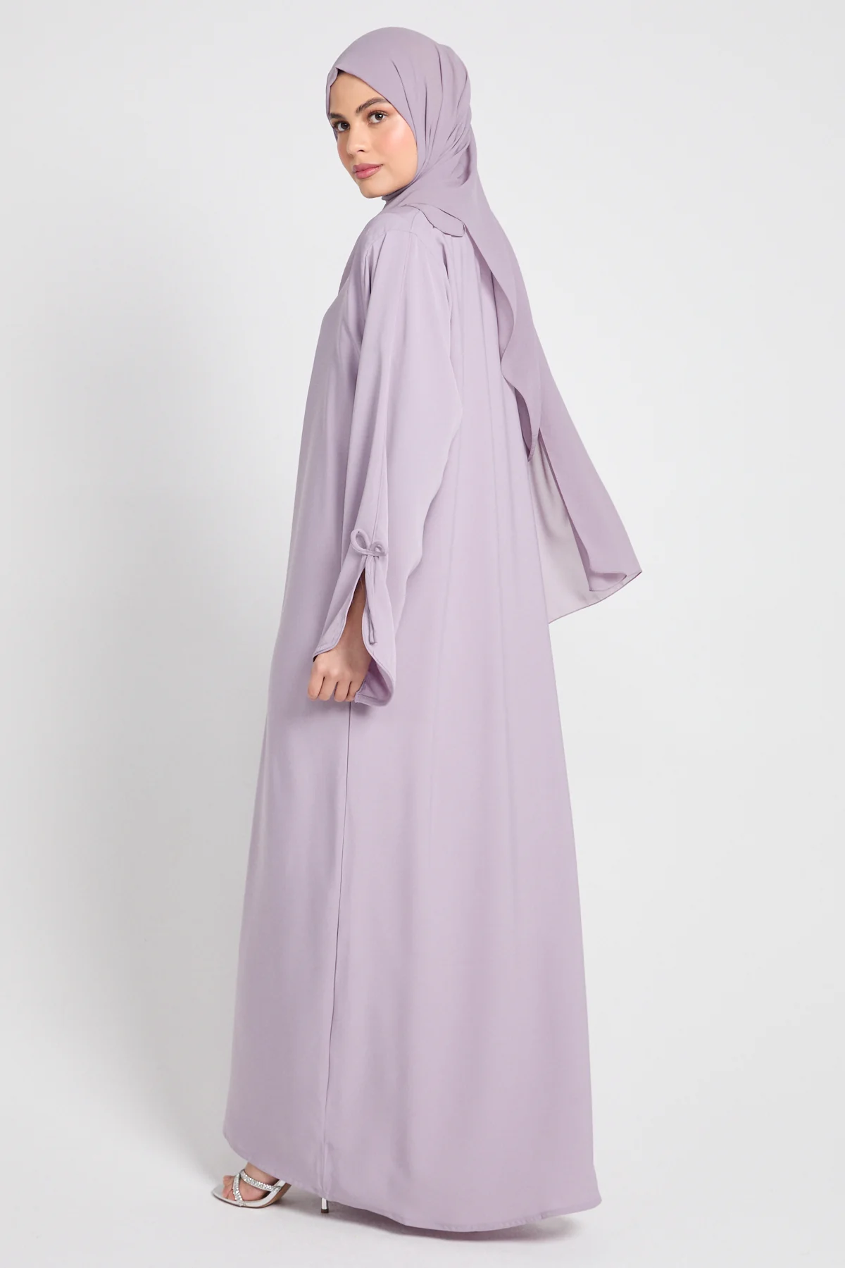 Premium Signature Bow Cuff Open Abaya - Dusty Lilac - Image 6