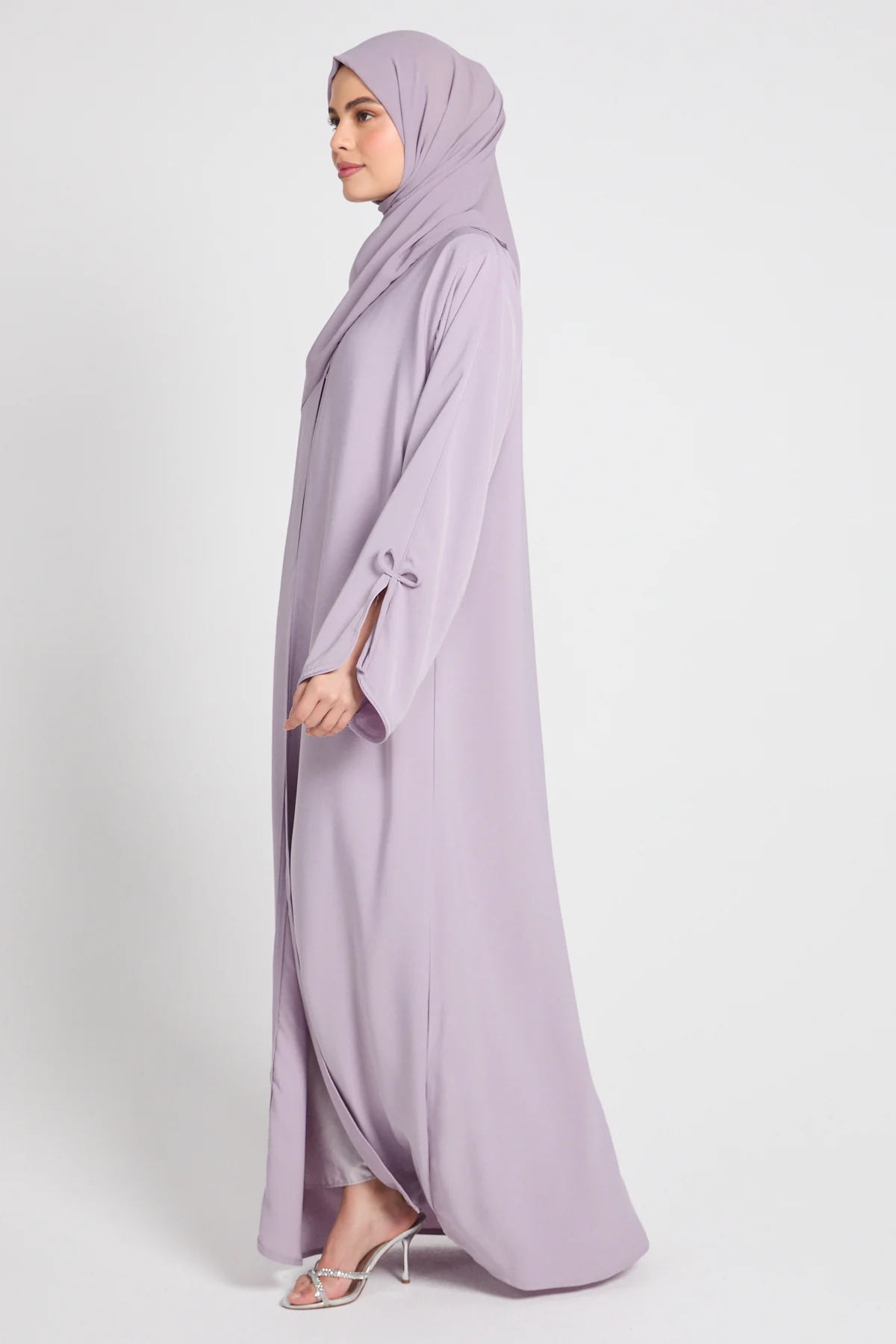 Premium Signature Bow Cuff Open Abaya - Dusty Lilac - Image 8
